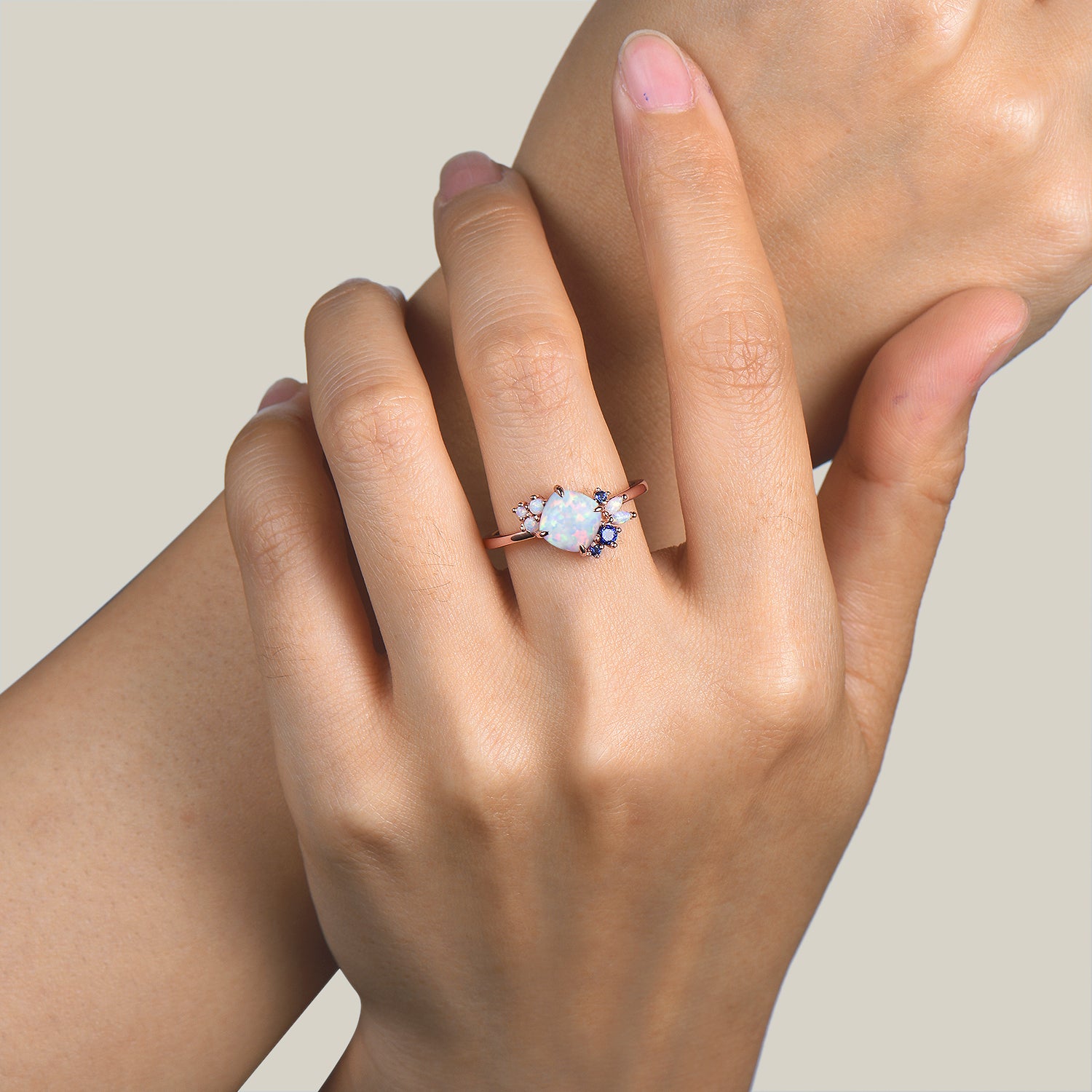Exquisite Cushion Cut White Opal Engagement Ring with Blue Sapphire Cluster - Elegant Wedding Band for Brides, Promise Rings & Anniversary Gifts