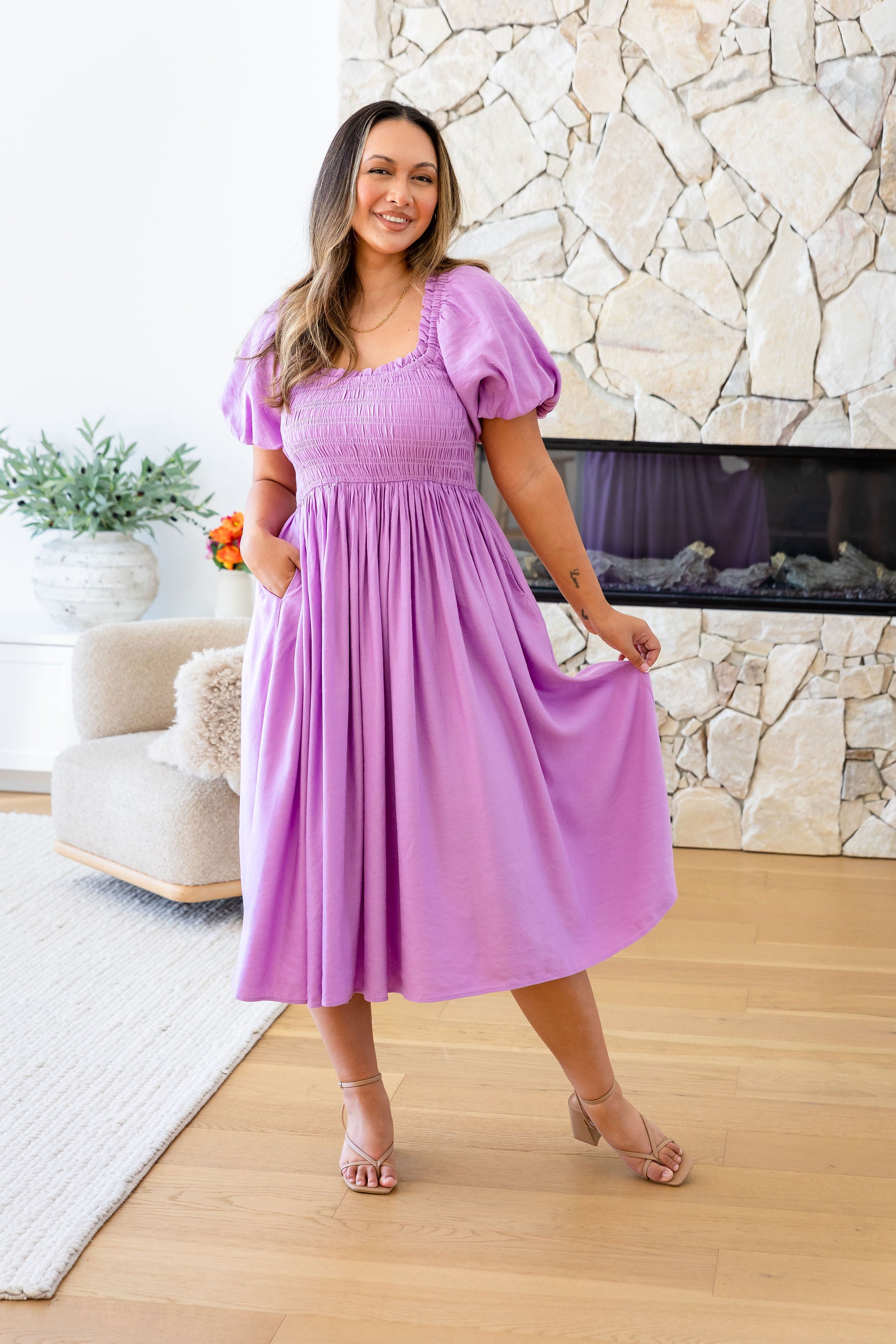 Stelle Linen Blend Midi Dress in Berry - Flowy Summer Dress for Women, Casual & Elegant - Perfect for Beach Vacations, Brunch Dates & Summer Weddings