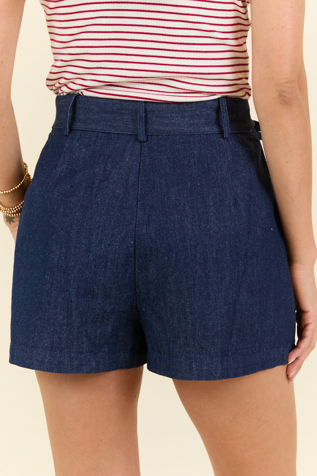 Dark Wash Belted Denim Shorts for Women - High Waisted Distressed Denim Shorts with Adjustable Belt | Perfect for Summer, Beach, and Casual Outfits