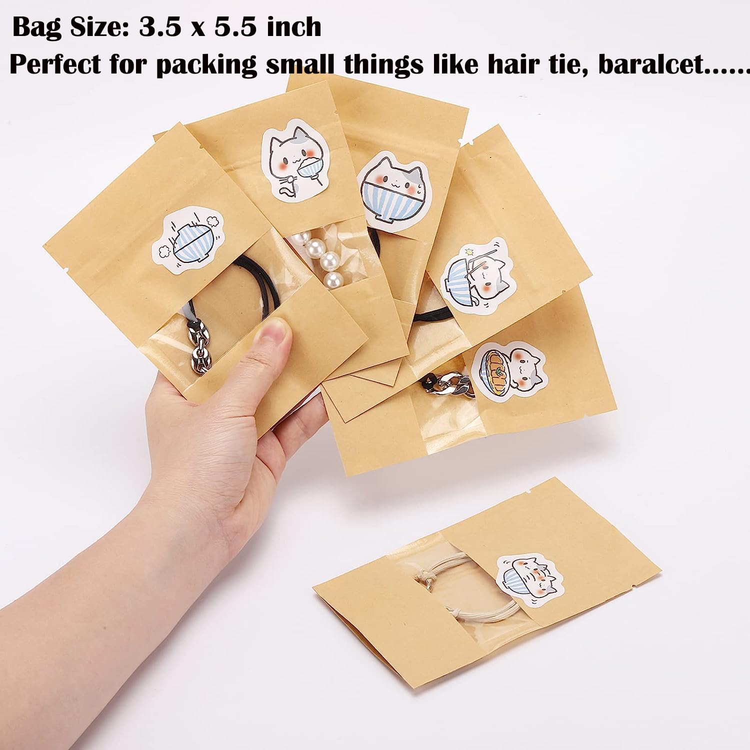 100pcs 3.5 x 5.5 Inch Kraft Paper Stand Up Ziplock Bags with Window - Eco-Friendly Food Storage Pouches for Cookies, Snacks, Tea, Candy | Perfect for Bakery, Party Favors & Gift Packaging