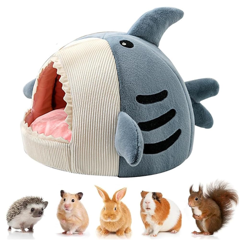 Soft Plush Ferret Bed Cave & Hammock Hideaway - Washable Small Pet Cage Accessories for Hamsters, Rats, Squirrels (Shark Design) - Cozy Sleeping & Play Area for Small Animals