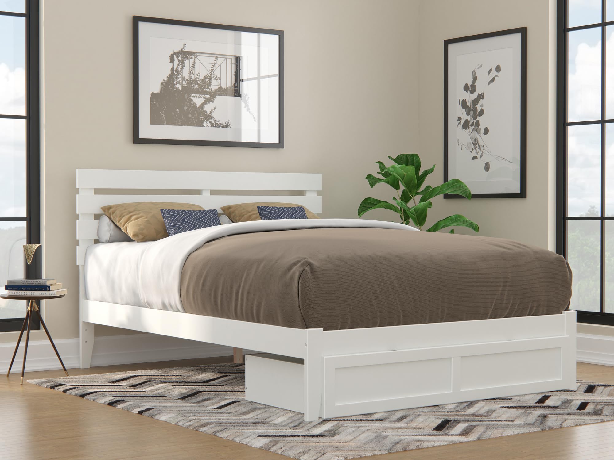 AFI Oxford Queen Size Platform Bed with Storage Drawer & USB Charging Station - Modern White Bed Frame for Small Spaces, Bedroom, Guest Room, Dorm