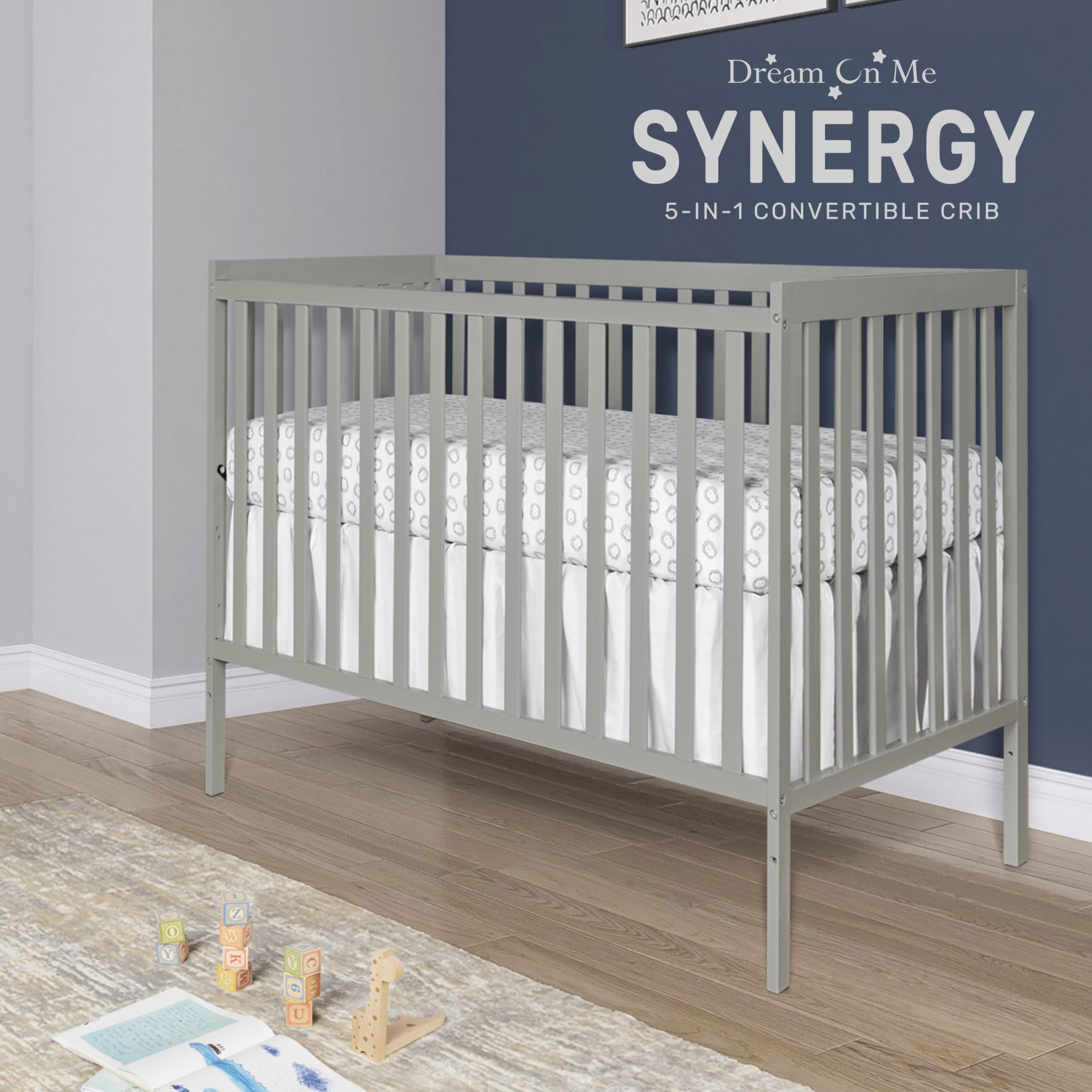 Dream On Me Synergy 5-in-1 Convertible Crib - Cool Grey | JPMA & Greenguard Gold Certified | Solid Reclaimed New Zealand Pine Wood | 3 Adjustable Mattress Heights | Perfect for Nursery, Bedroom & Daycare Use