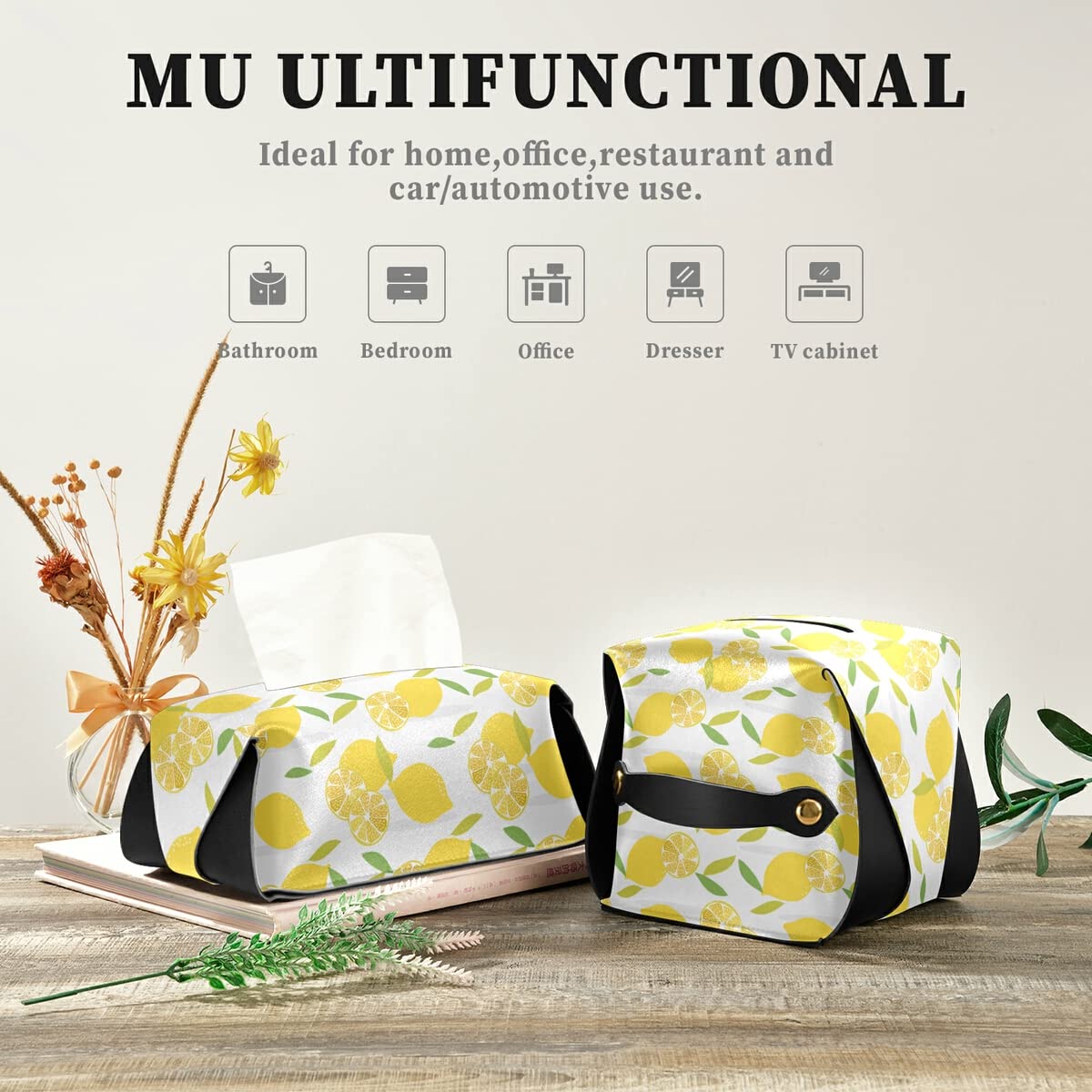 Premium PU Leather Lemon Tissue Box Cover - Rectangle Facial Tissue Dispenser with Hanging Loop for Bathroom, Kitchen, Nightstand & Office Decor | Summer Fruit Theme Home Accessory