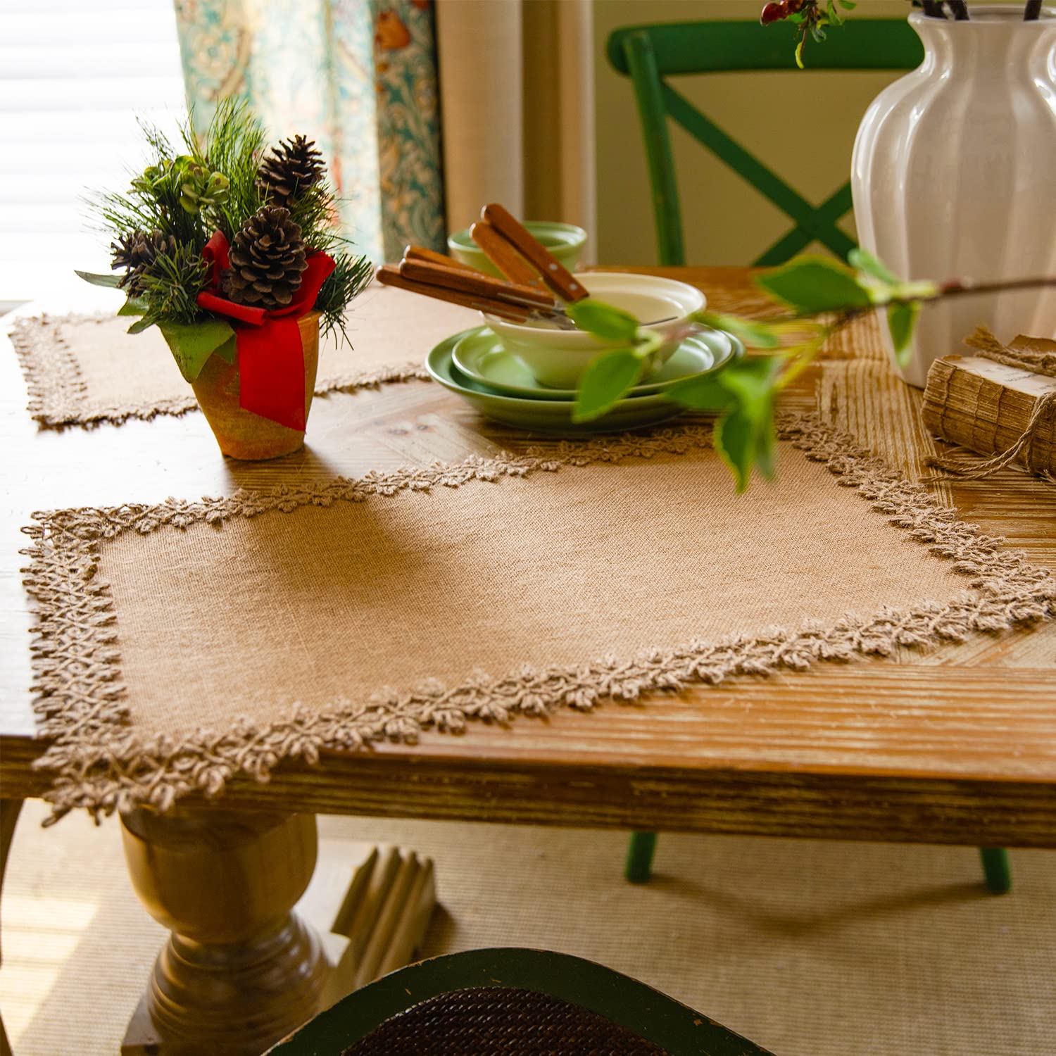 Boho Jute Lace Placemats Set of 4 - Washable Burlap Farmhouse Table Mats for Dining, Kitchen & Parties | Heat-Resistant Linen Cafe Placemats for Everyday Use & Entertaining