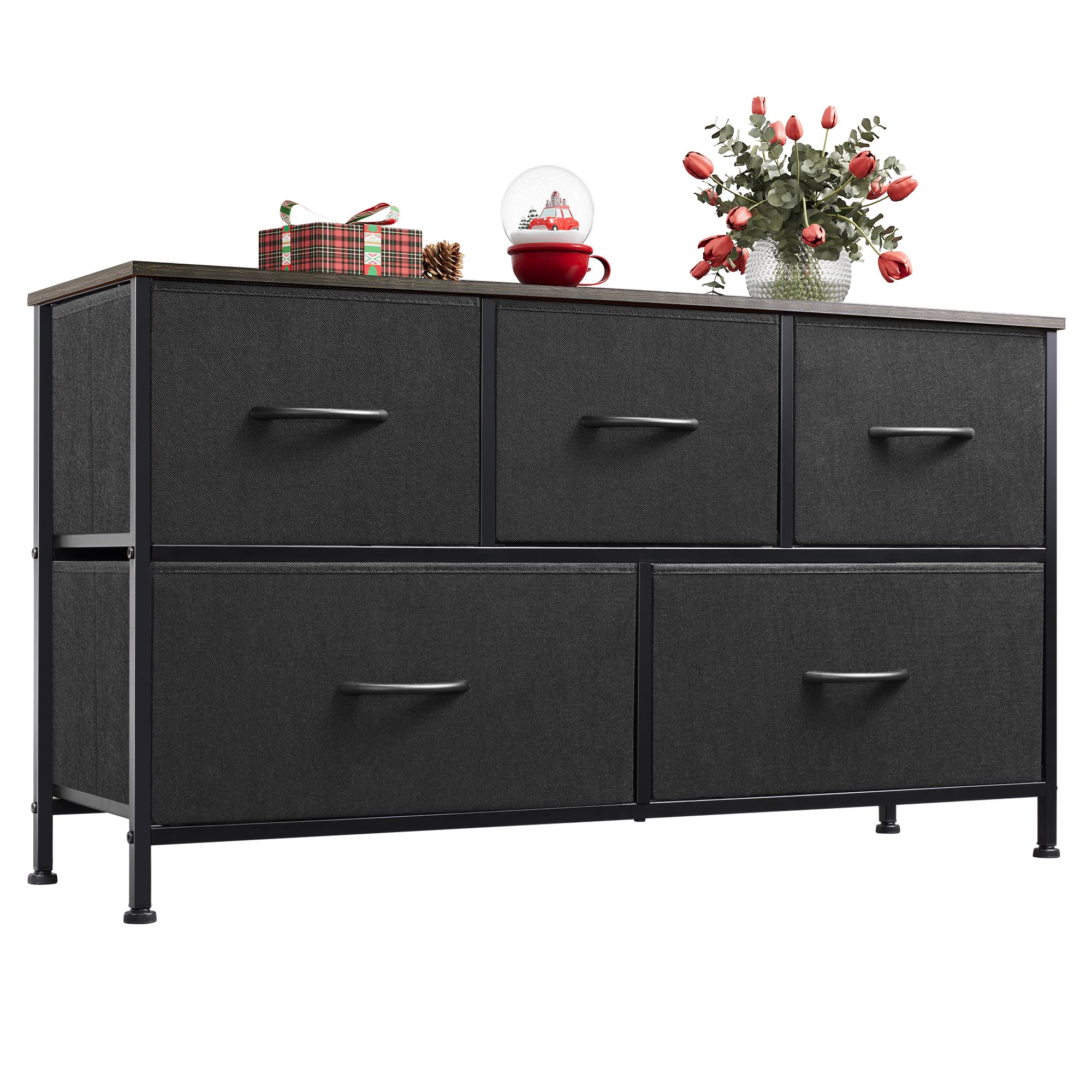 WLIVE 5-Drawer Fabric Dresser for Bedroom - Wide Storage Organizer with Fabric Bins for Clothes, Toys & Home Organization - Perfect for Closet, Living Room & Hallway - Charcoal Black