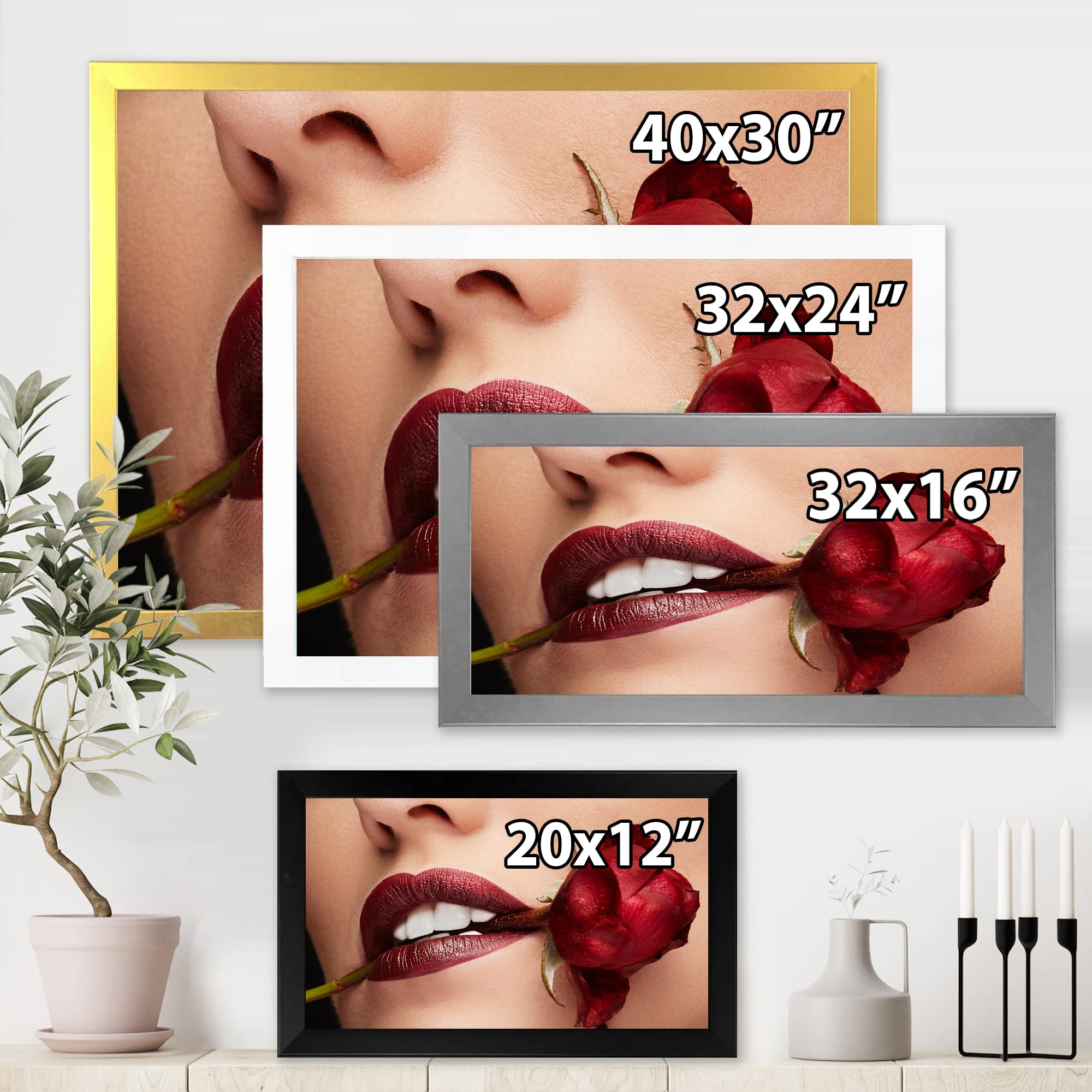 DesignQ Modern Framed Wall Art - Woman with Red Lipstick Holding Rose in Mouth - Perfect for Living Room, Bedroom & Office Decor