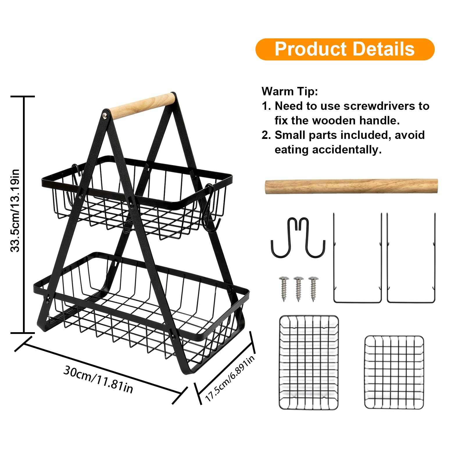 2 Tier Wooden Fruit Basket with Banana Hanger & Detachable Metal Holder - Kitchen Storage Organizer for Fruits, Vegetables, Bread & Snacks - Perfect for Countertop, Pantry & Dining Table Organization
