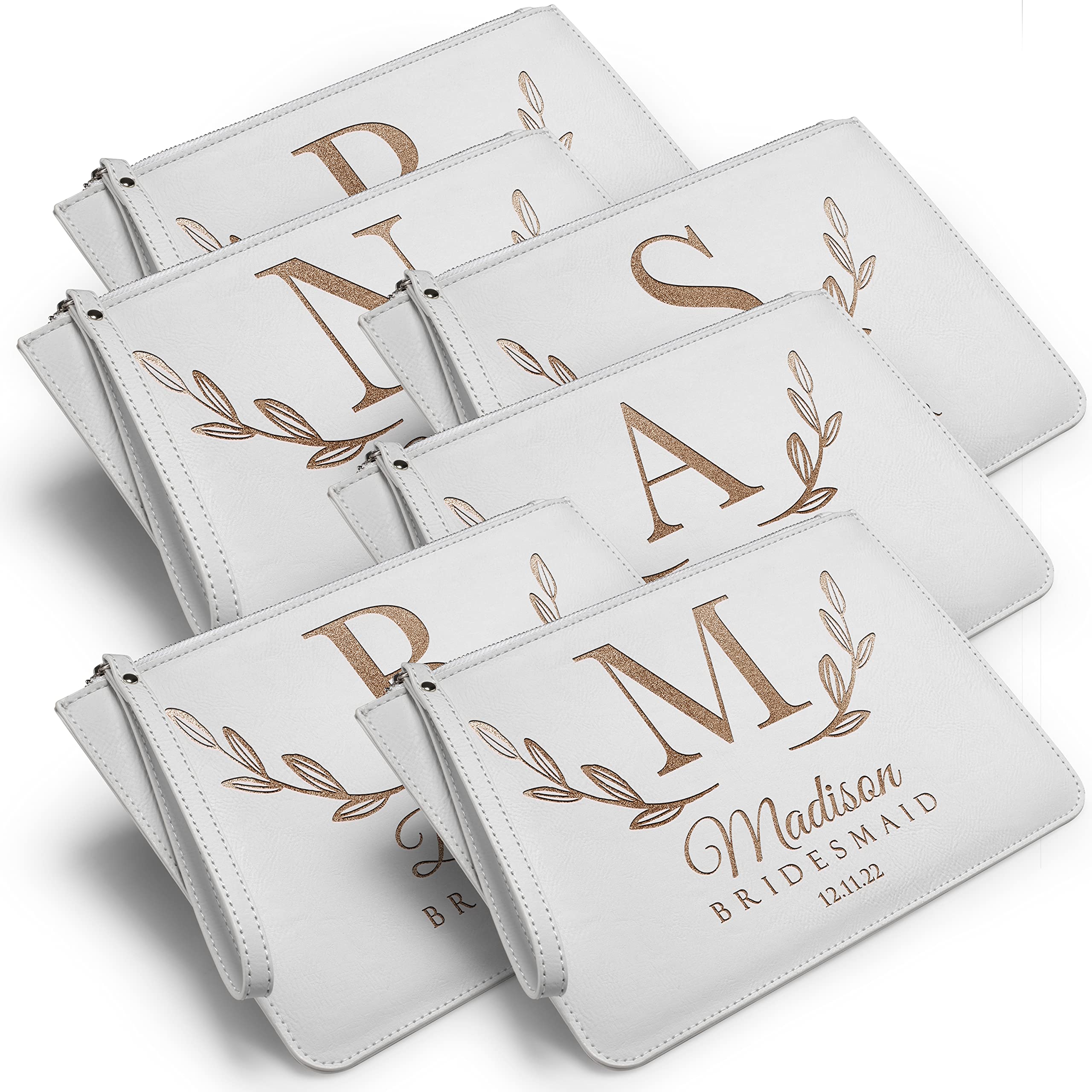 Personalized Bridesmaid Gifts Set of 6 - Custom Wristlet Clutch Purses & Makeup Bags for Wedding Party | Bridesmaid Proposal, Bridal Shower & Bachelorette Party Gifts | Elegant White Design for Special Occasions