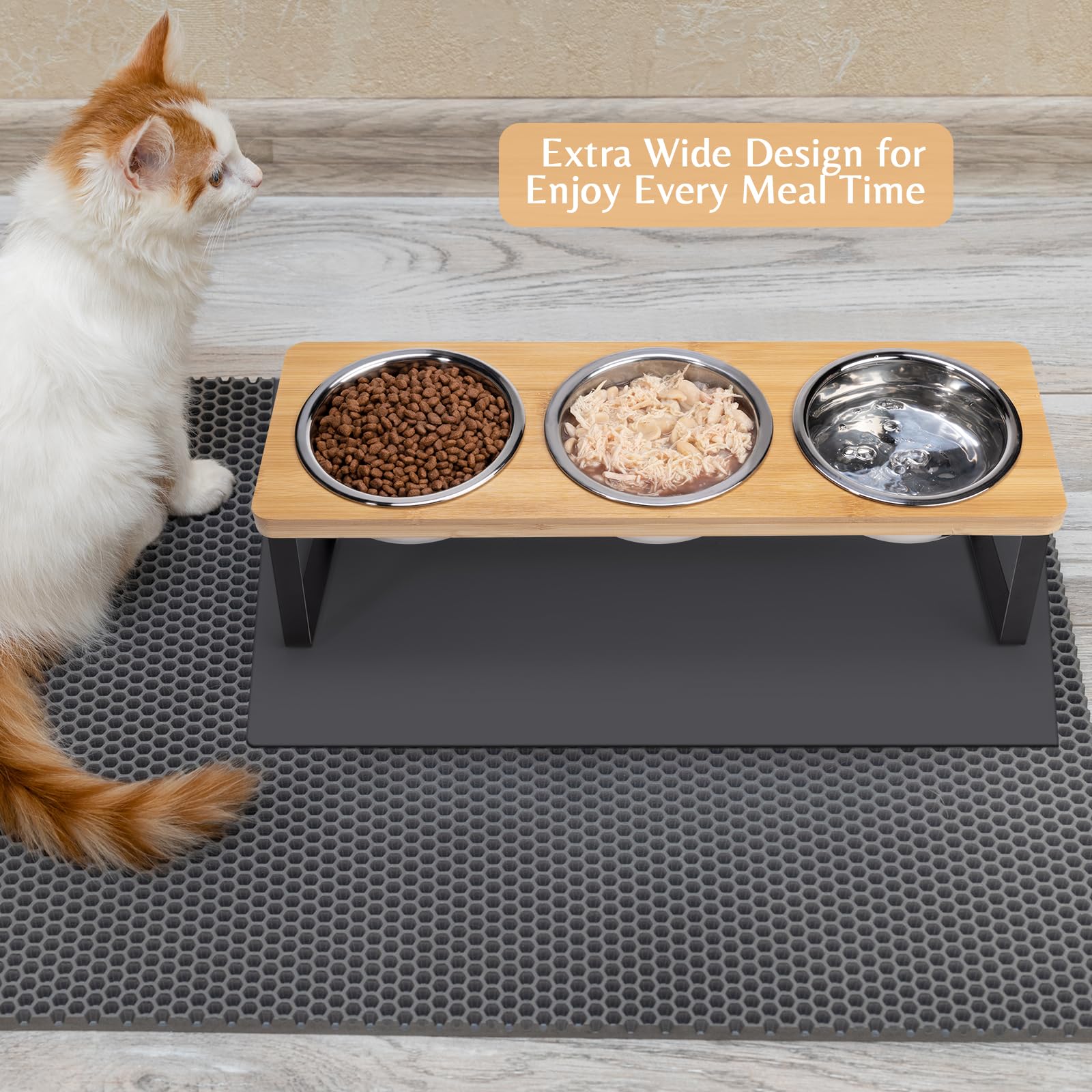 Loplurea 15° Tilted Elevated Cat Bowls - 3 Stainless Steel Raised Cat Food & Water Bowls with Bamboo Stand, Anti-Vomit Feeding Station for Indoor Kittens & Adult Cats - Perfect for Digestive Health & Mess-Free Mealtime