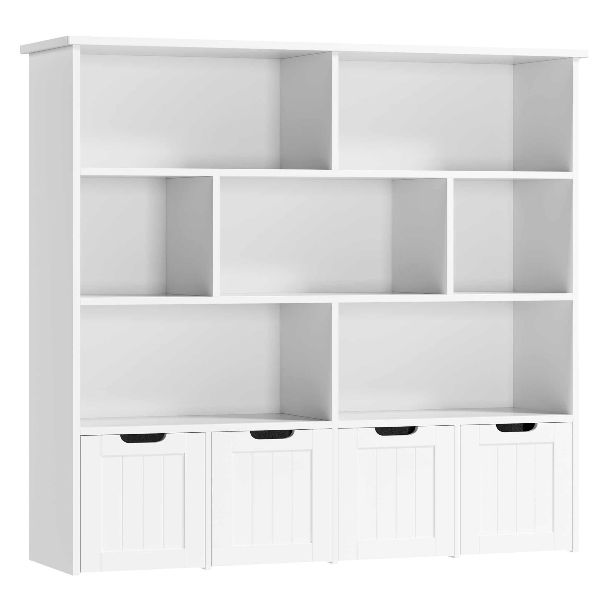 FINETONES Large Toy Storage Organizer with 4 Movable Drawers & 7 Storage Cubbies - Kids Bookshelf, Toy Chest Shelf with Hidden Wheels - Perfect for Playroom, Nursery & Bedroom Organization (White)