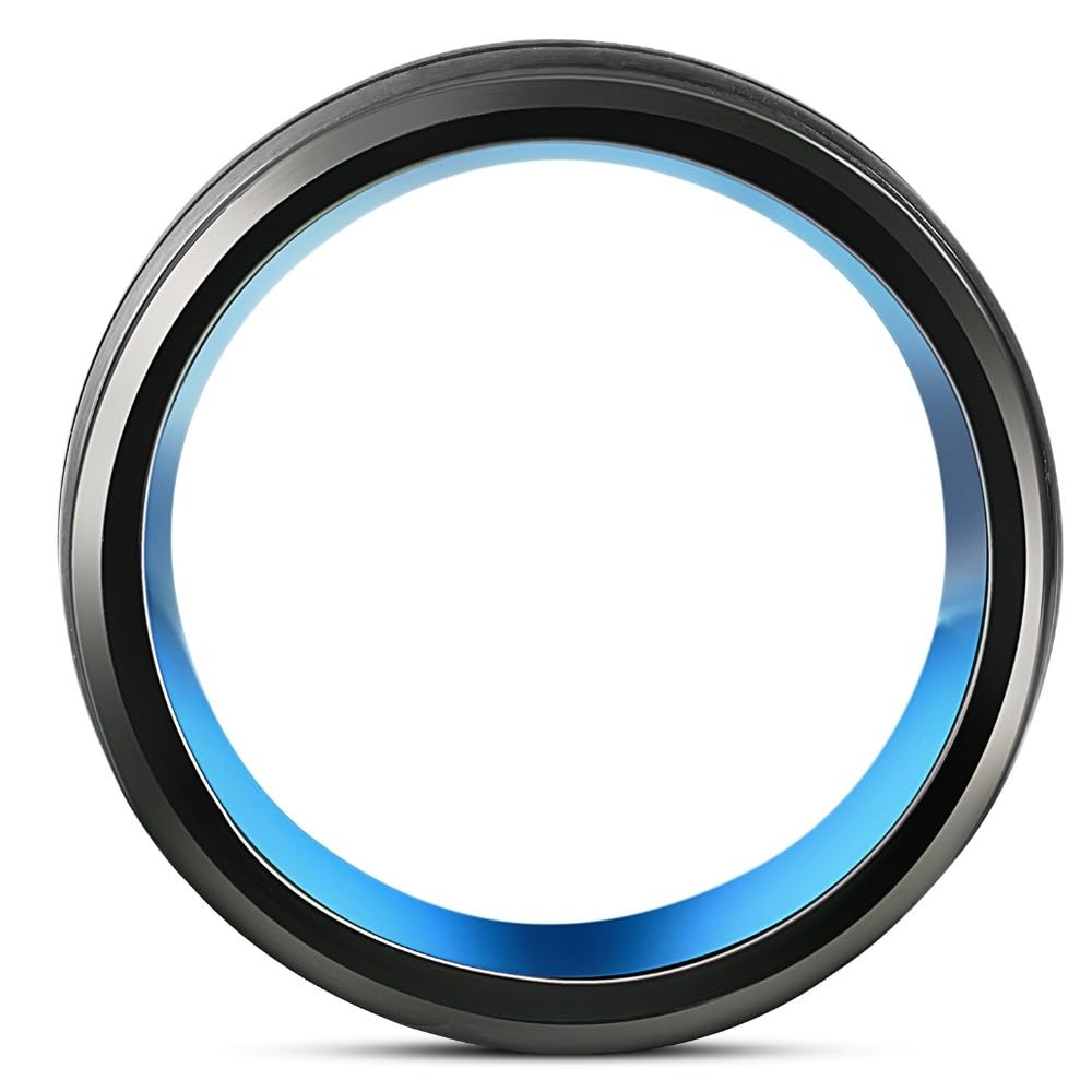 Men's Black & Blue Tungsten Wedding Band - Brushed Beveled Step Cut Ring for Men - Durable & Scratch Resistant - Perfect for Engagement, Anniversary & Everyday Wear
