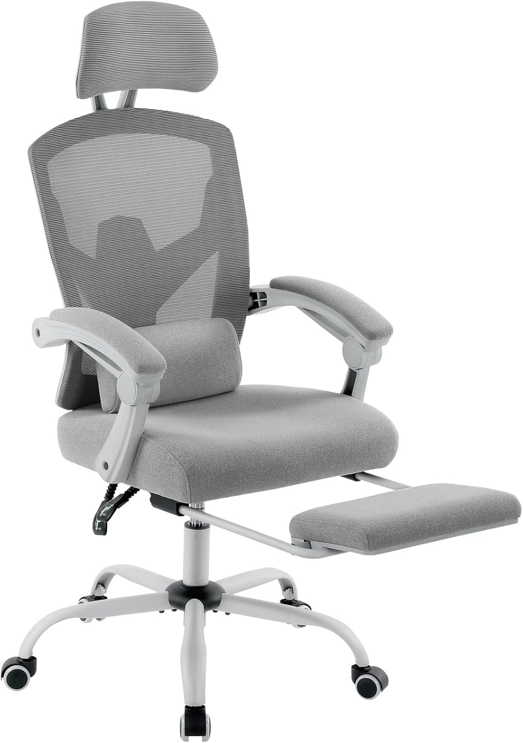 DUMOS Ergonomic High-Back Mesh Office Chair with Adjustable Footrest - Swivel Rolling Recliner with Wheels, Headrest & Lumbar Support - Comfortable Desk Chair for Home Office, Gaming, Studying (Grey) - Perfect for Long Work Hours, Online Classes & PC Gaming Sessions