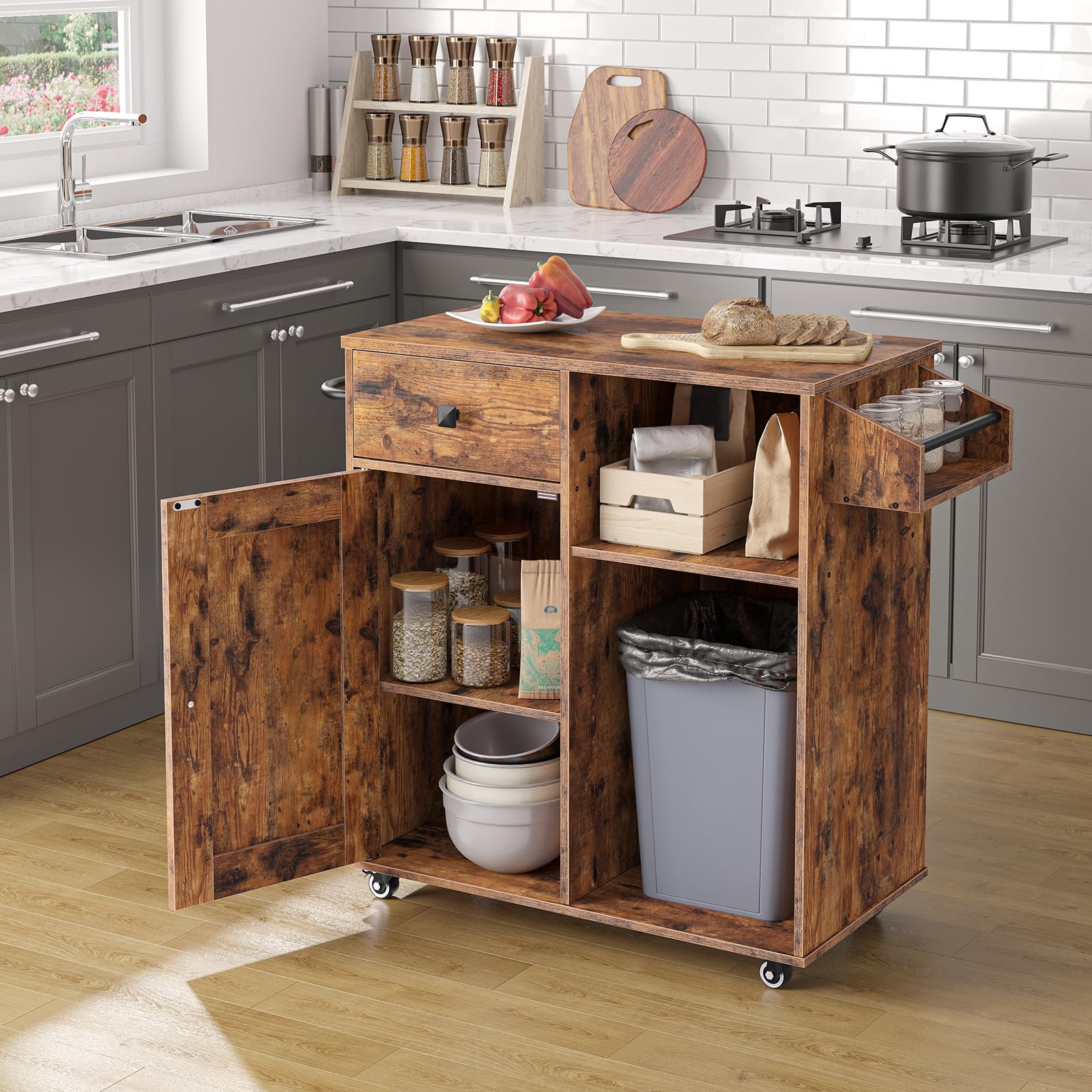 HOOBRO Rustic Brown Kitchen Island with Storage Cabinet, Drawers, Spice & Towel Rack - Space Saving Kitchen Cart for Small Spaces, Easy Assembly - Perfect for Kitchen Organization & Living Room Decor