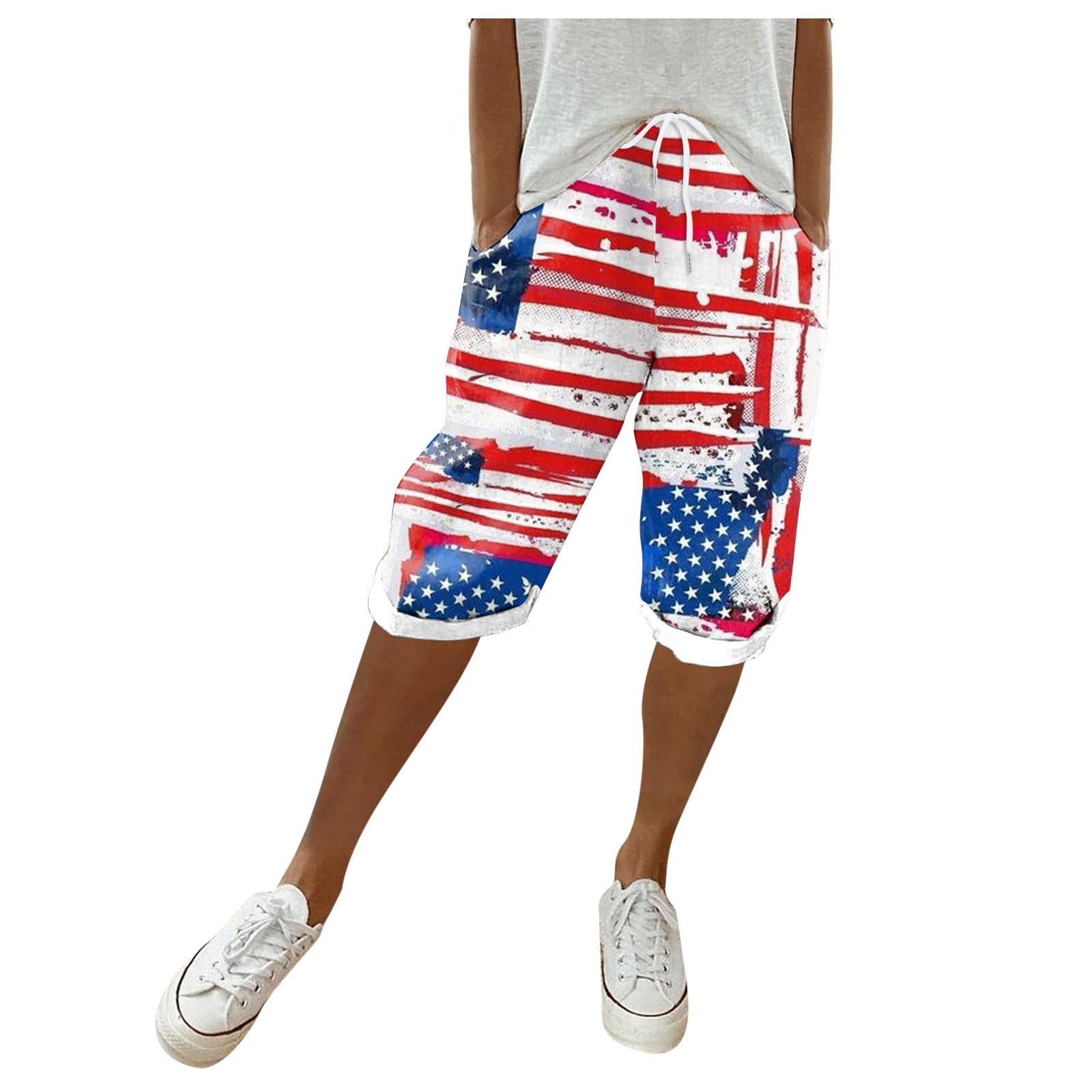 Women's Linen Bermuda Shorts - Stars Stripe Flag Print for 4th of July & Summer Outings