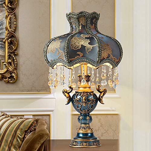 Modern Blue Fabric Lampshade Bedside Table Lamp with Elegant Floral Design - Antique Painted Resin Base Nightstand & Desk Lamp for Living Room, Girls Bedroom - Perfect for Reading, Bedside Lighting & Home Decor