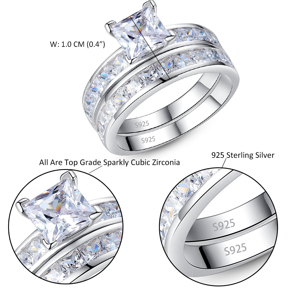 MABELLA Sterling Silver Princess Cut Cubic Zirconia Engagement Ring & Wedding Band Set for Women - Perfect for Proposals, Anniversaries, and Bridal Jewelry