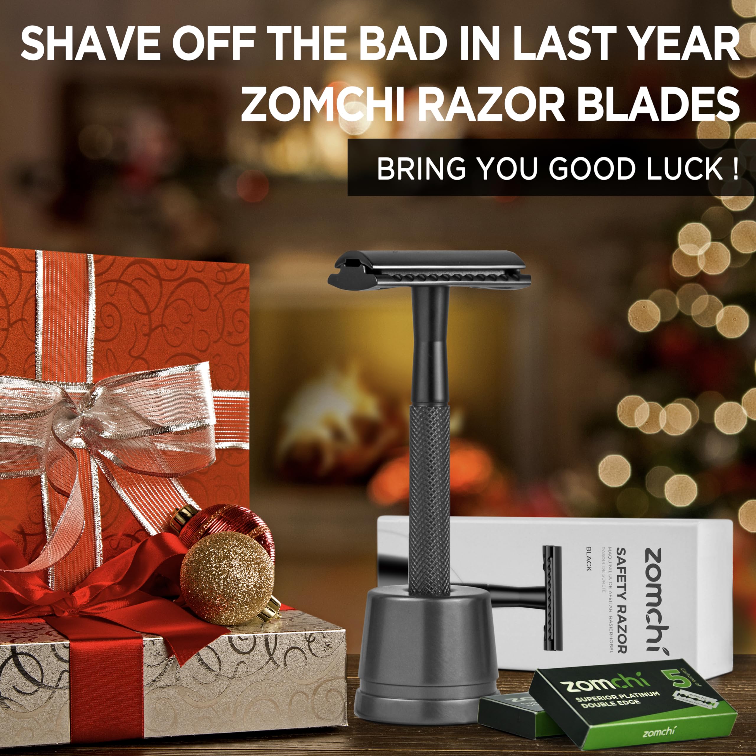 ZOMCHI Premium Double Edge Safety Razor for Men with 10 Stainless Steel Blades & Stand - Black | Smooth Shaving for Sensitive Skin, Perfect for Travel & Daily Grooming Routine
