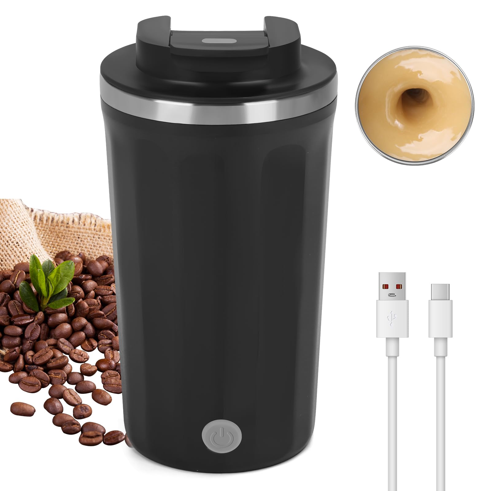 Yummy Sam 13.5 Oz Electric Self Stirring Coffee Mug with Lid - Rechargeable Automatic Milk Frother, Hot Chocolate & Juice Mixer Tumbler for Home, Office, Travel & Gym - Perfect for Coffee Lovers & On-the-Go (Black)