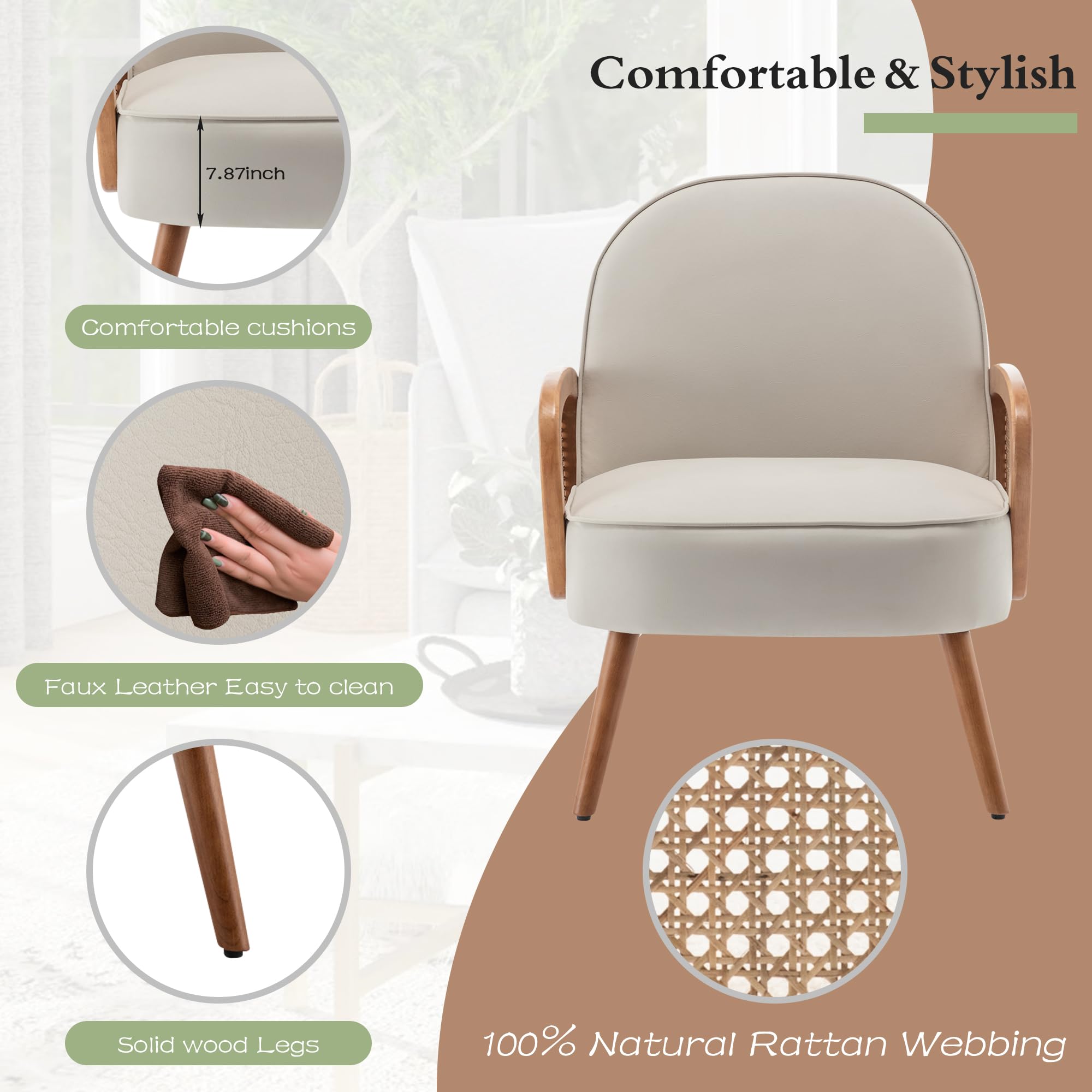Mid Century Modern Accent Chair with Rattan Arms - Boho Upholstered Armchair in Faux Leather Beige for Living Room, Bedroom & Balcony | Perfect Reading Chair & Side Club Chair for Home Decor