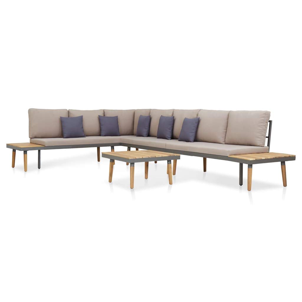 Outdoor Patio Furniture Sectional Conversation Set with Cushions - 5 Piece Deck Wood Sofa Couch Set with Coffee Table in Brown & Gray - Perfect for Backyard, Garden, Poolside & Deck Relaxation