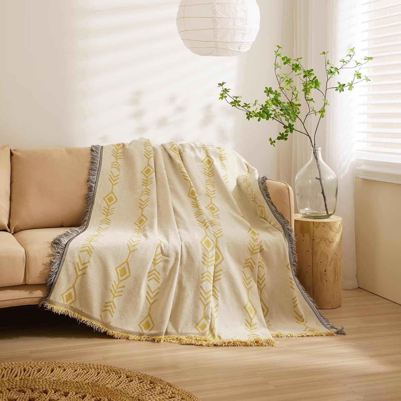 VClife Reversible Chenille Sofa Slipcover - Soft Thick Boho Couch Cover for 2 Cushion Sofa, Sectional & Futon - Beige Yellow Herringbone Plaid Design - Dog & Pet Furniture Protector - Perfect for Living Room, Bedroom & Home Decor