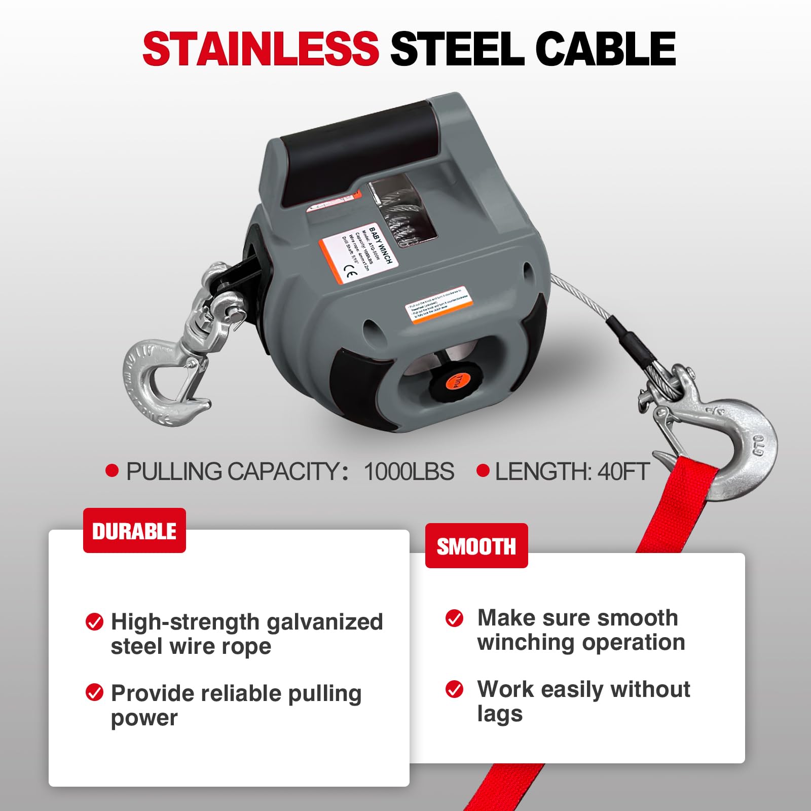 Portable Drill Winch 1000LBS Capacity - Heavy Duty Alloy Steel Wire Rope 40FT - Electric Drill Powered Winch for Lifting, Pulling, Towing & Hauling - Perfect for Trailers, Boats, ATVs & Farm Use (Gray)