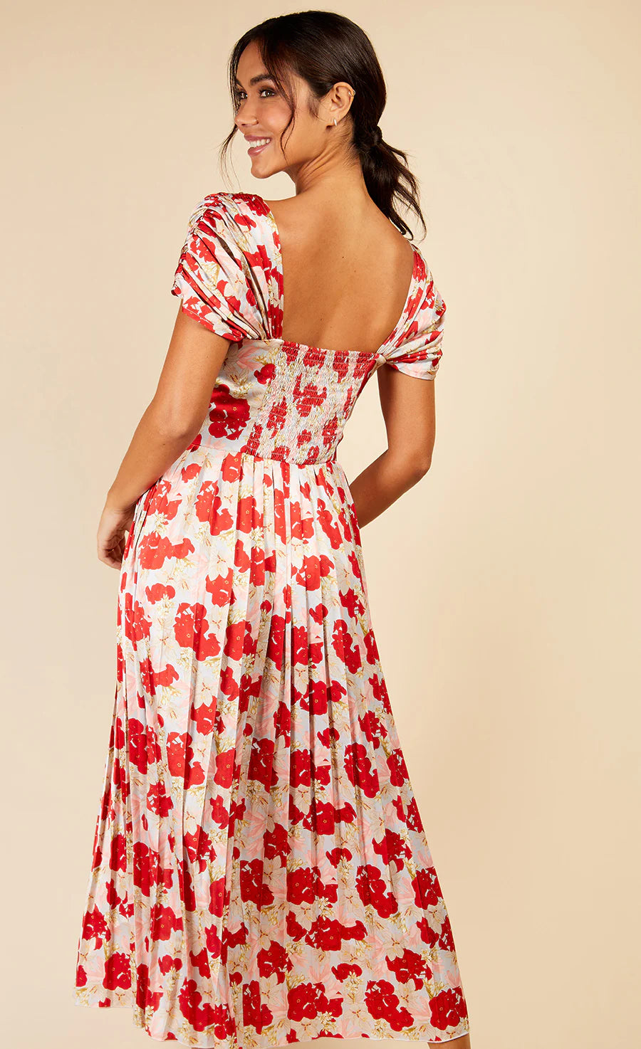 Jackson Pleated Midaxi Dress - Red Floral Print Summer Dress for Women, Perfect for Beach Vacations, Garden Parties & Date Nights