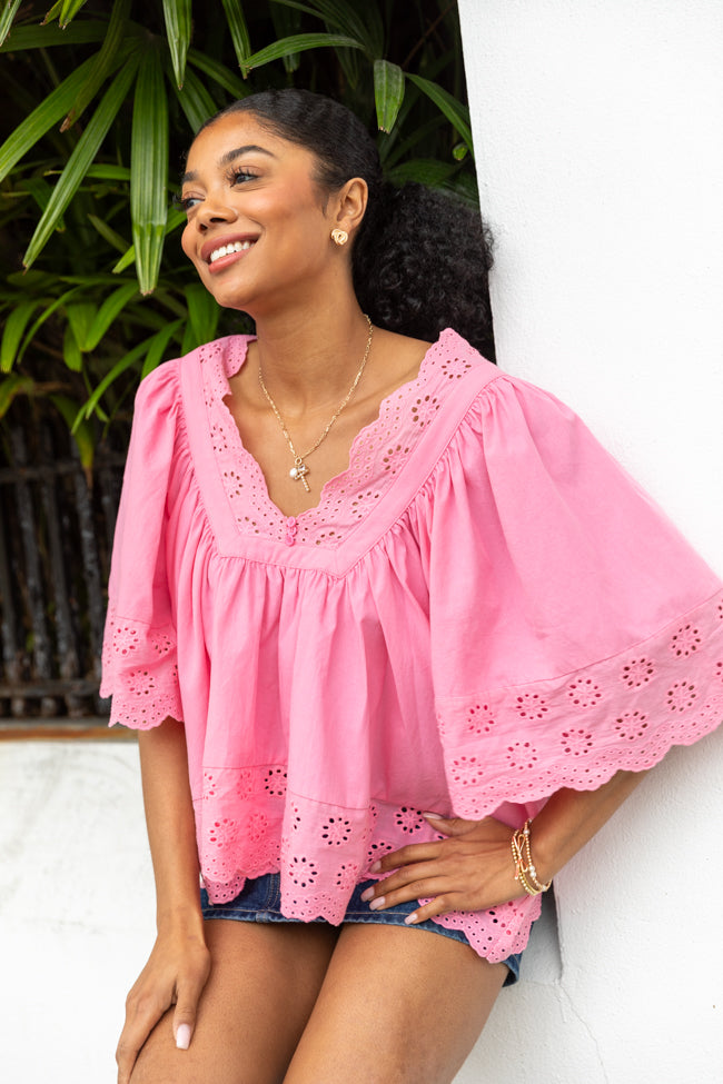 Stylish Pink Eyelet Detail Popover Short Sleeve Blouse for Women - Perfect for Summer Outfits, Office Wear & Casual Dates