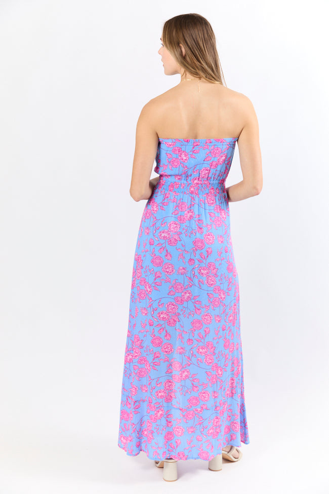Floral Print Strapless Maxi Dress - Blue & Pink Summer Beach Dress for Women | Perfect for Vacations, Weddings & Outdoor Parties
