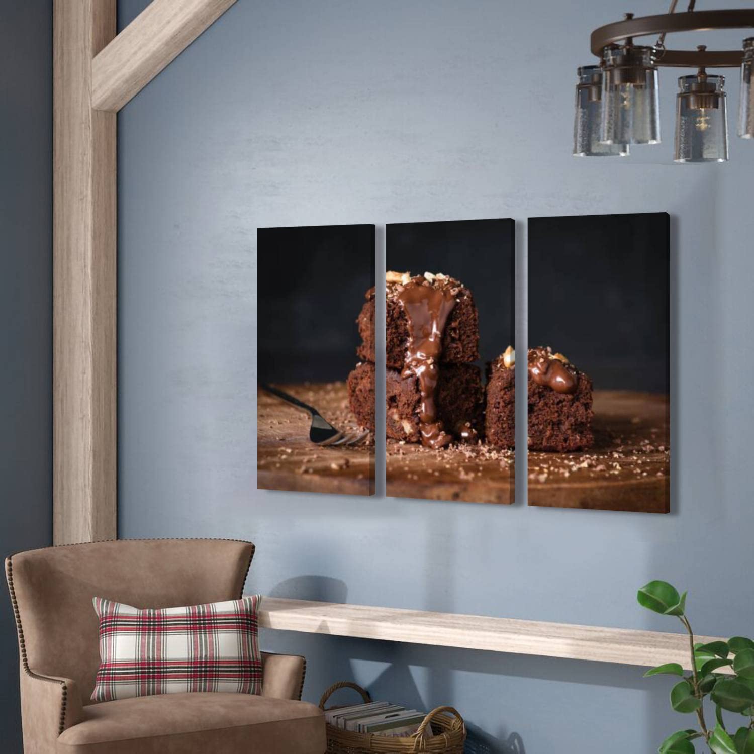 Chocolate Brownies with Walnuts & Glaze Canvas Wall Art - 3 Piece Framed Modern Painting for Living Room & Bedroom Decor | Ready to Hang | Perfect for Kitchen, Dining Room & Cafe Wall Decor