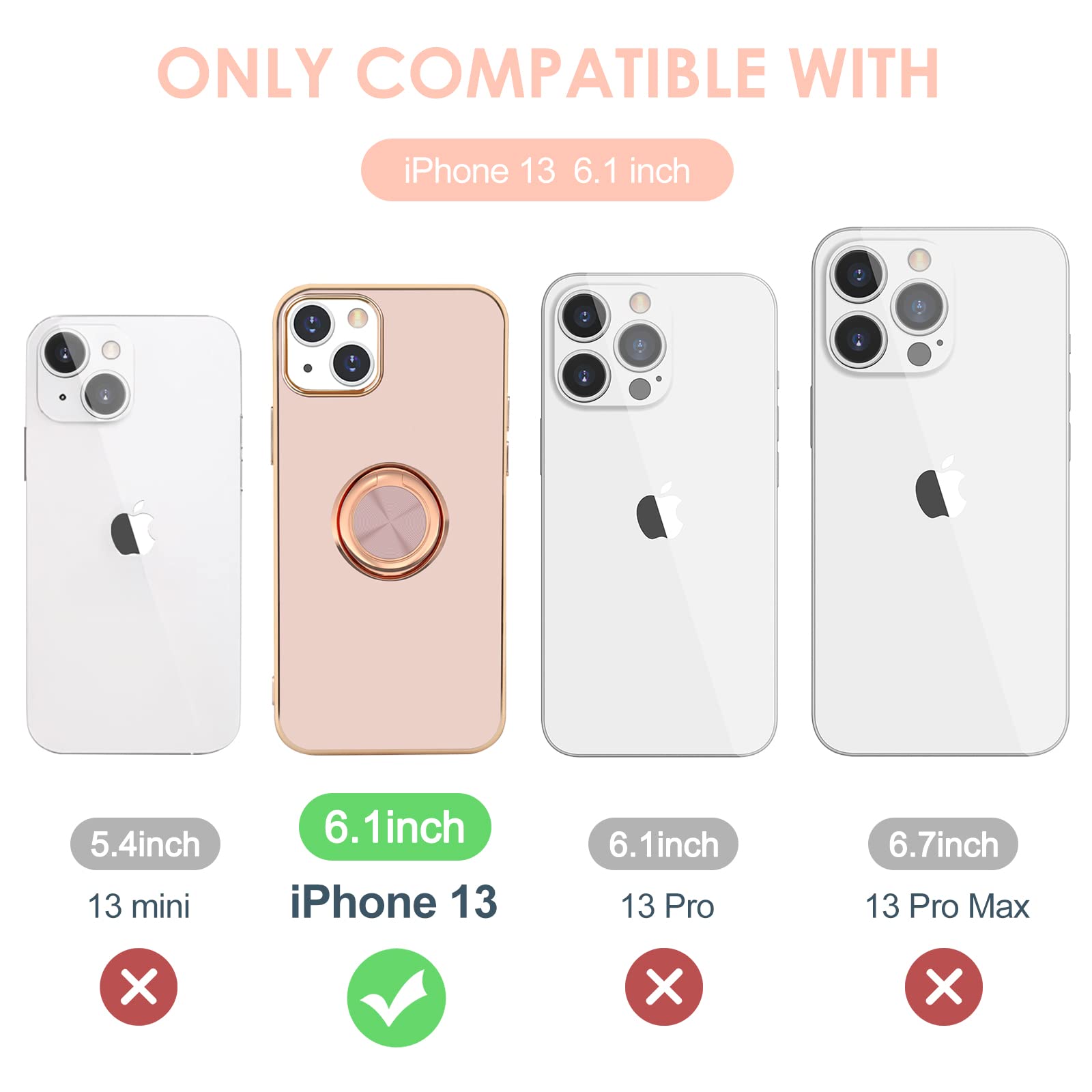 Hython Magnetic Phone Case for iPhone 13 - 360° Rotatable Ring Stand with Kickstand, Rose Gold Plated Slim TPU Cover (Pink) | Car Mount Compatible, Luxury Protection for Everyday Use & Travel