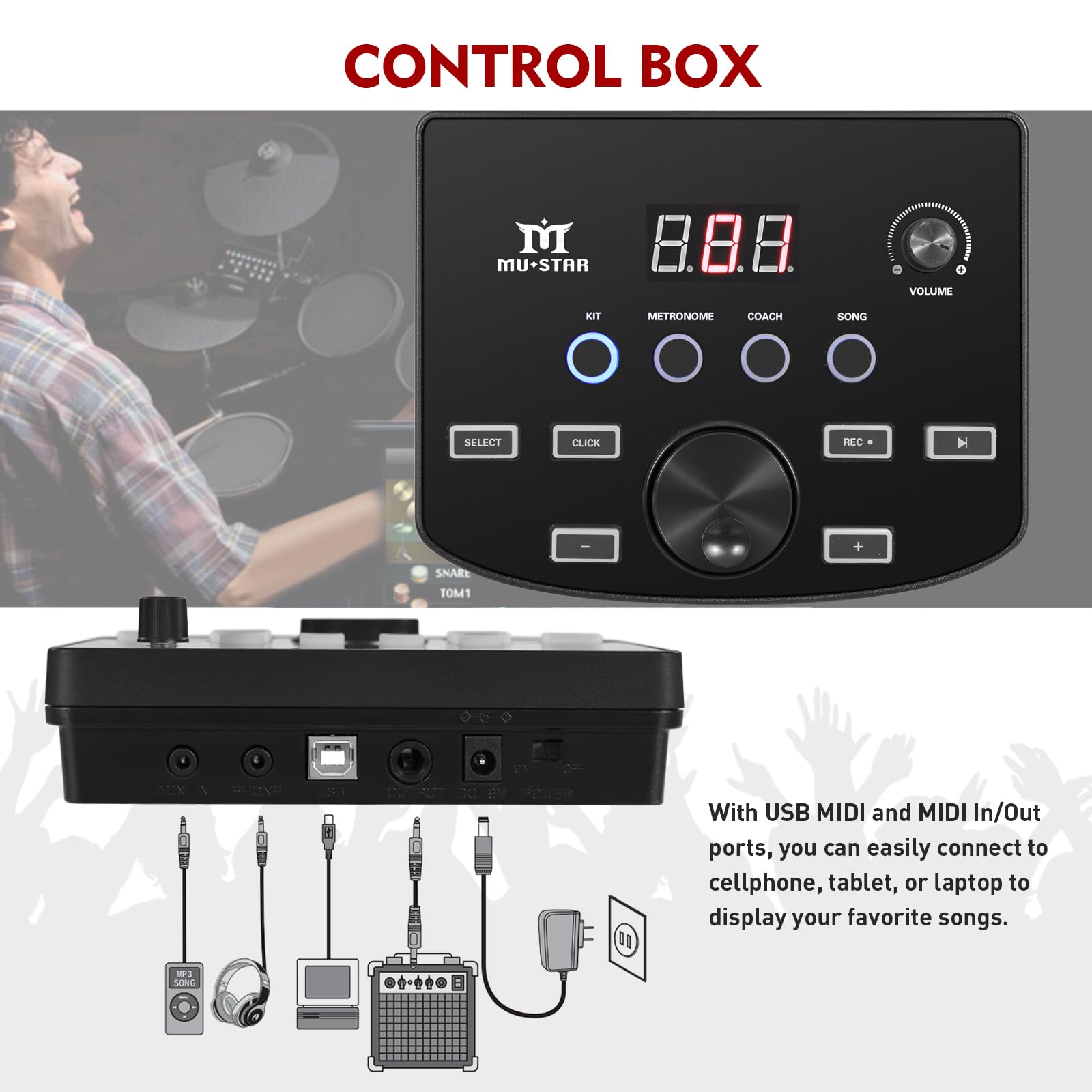 MUSTAR 10-Piece Electronic Drum Set with 450 Sounds, Mesh Drum Pads, 2 Choke Cymbals, Kick Drum, Pedals, Headphones & Sticks - USB MIDI Compatible for Home Practice, Studio Recording & Live Performances