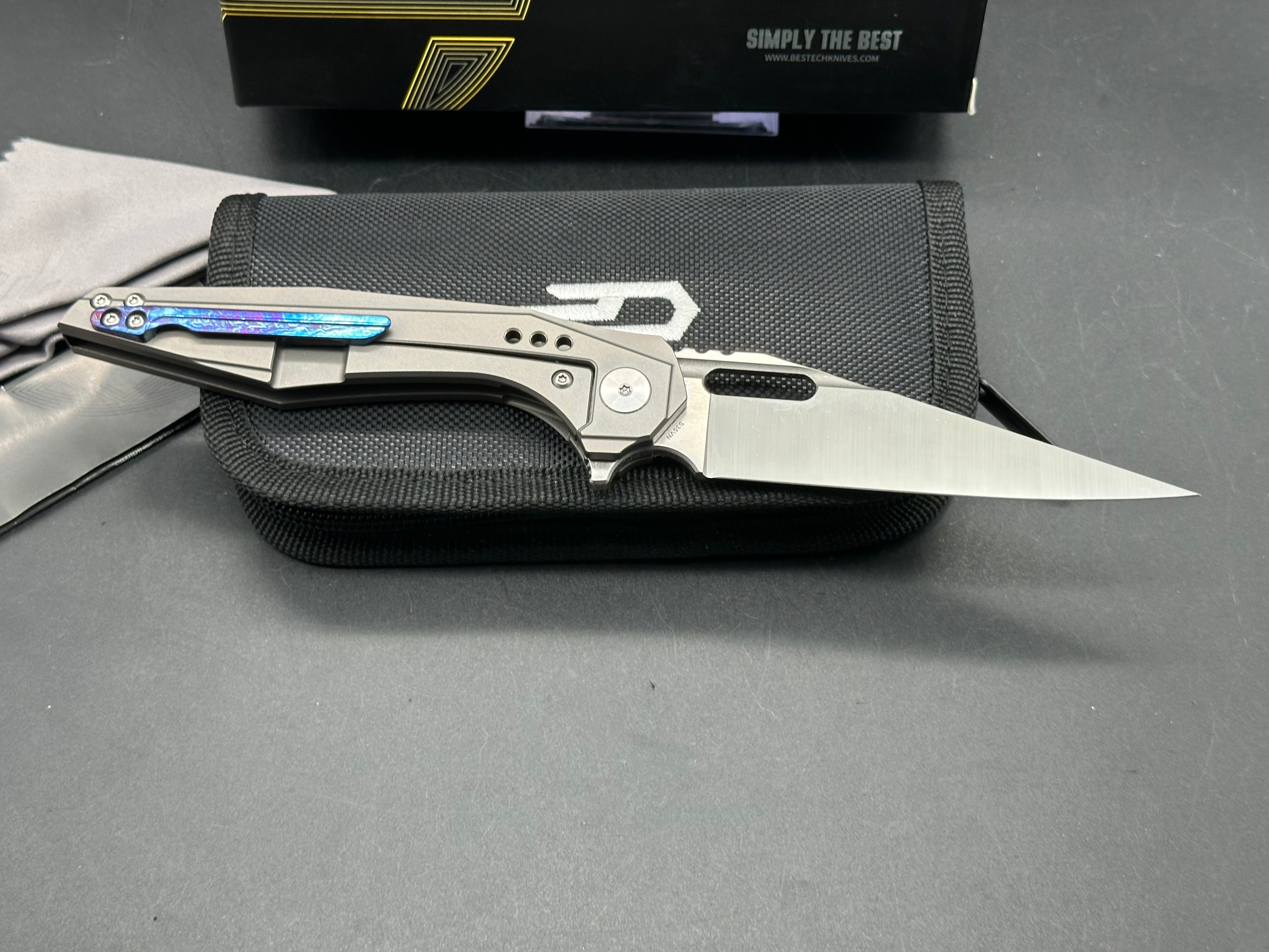 Bestech TKT Folding Knife - Gray Titanium Handle with Custom Lightning Anodized Backspacer & Clip - EDC Pocket Knife for Outdoor, Camping & Everyday Carry