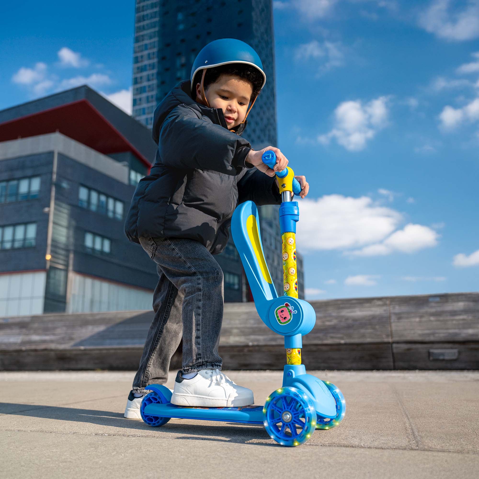 CoComelon 2-in-1 Kids Kick Scooter with Adjustable Handlebar - Lightweight Foldable Toddler Scooter for Boys & Girls Ages 2-5 Years - Perfect for Outdoor Play, Park Rides & Backyard Fun