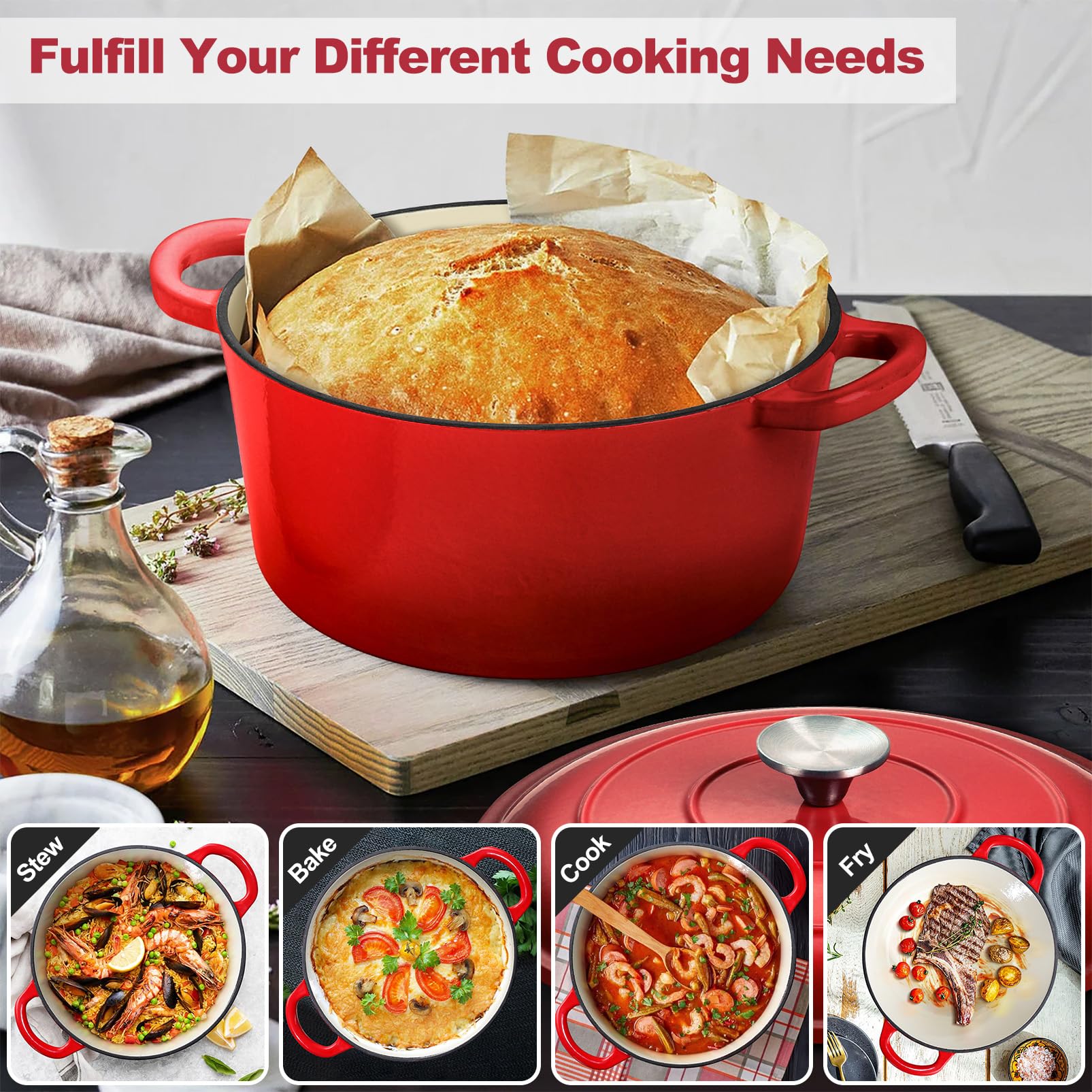 P&P CHEF Enameled Cast Iron Dutch Oven 7QT - Red Enameled Casserole Pot with Lid for Baking Bread, Roasting, Braising, Stewing, Frying & Simmering - Oven, Stovetop & Induction Safe - Easy to Clean - Perfect for Home Cooking, Camping & Outdoor Use