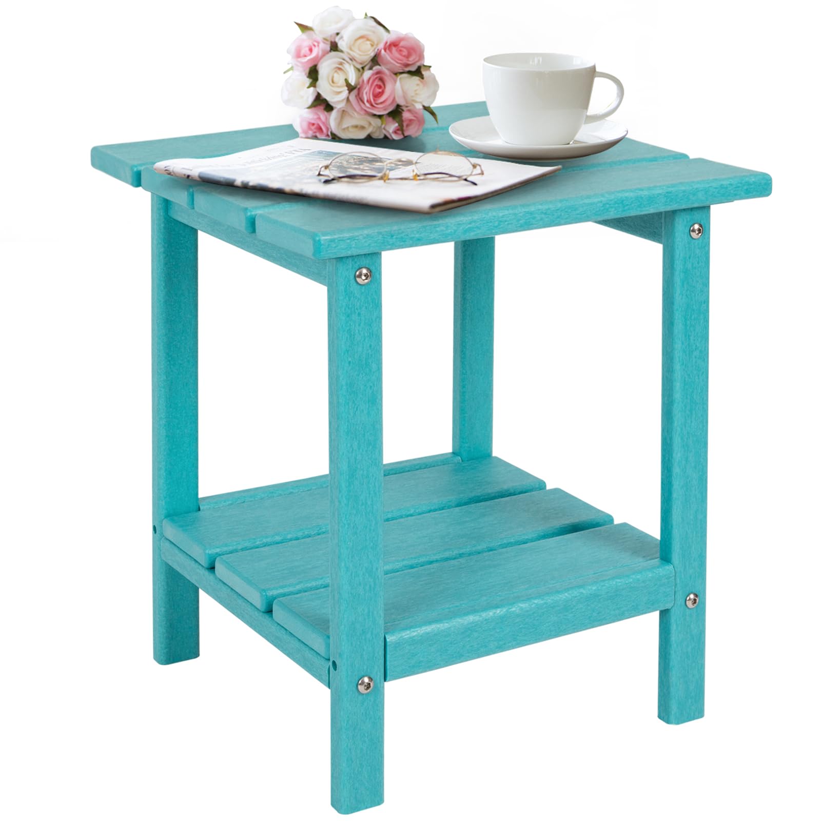 **DAILYLIFE Outdoor Side Table - HDPE Square Plastic Patio End Table for Indoor & Outdoor Use, Weatherproof & Low Maintenance (Aqua, Double Layer) - Perfect for Poolside, Garden, Deck & Patio Furniture**