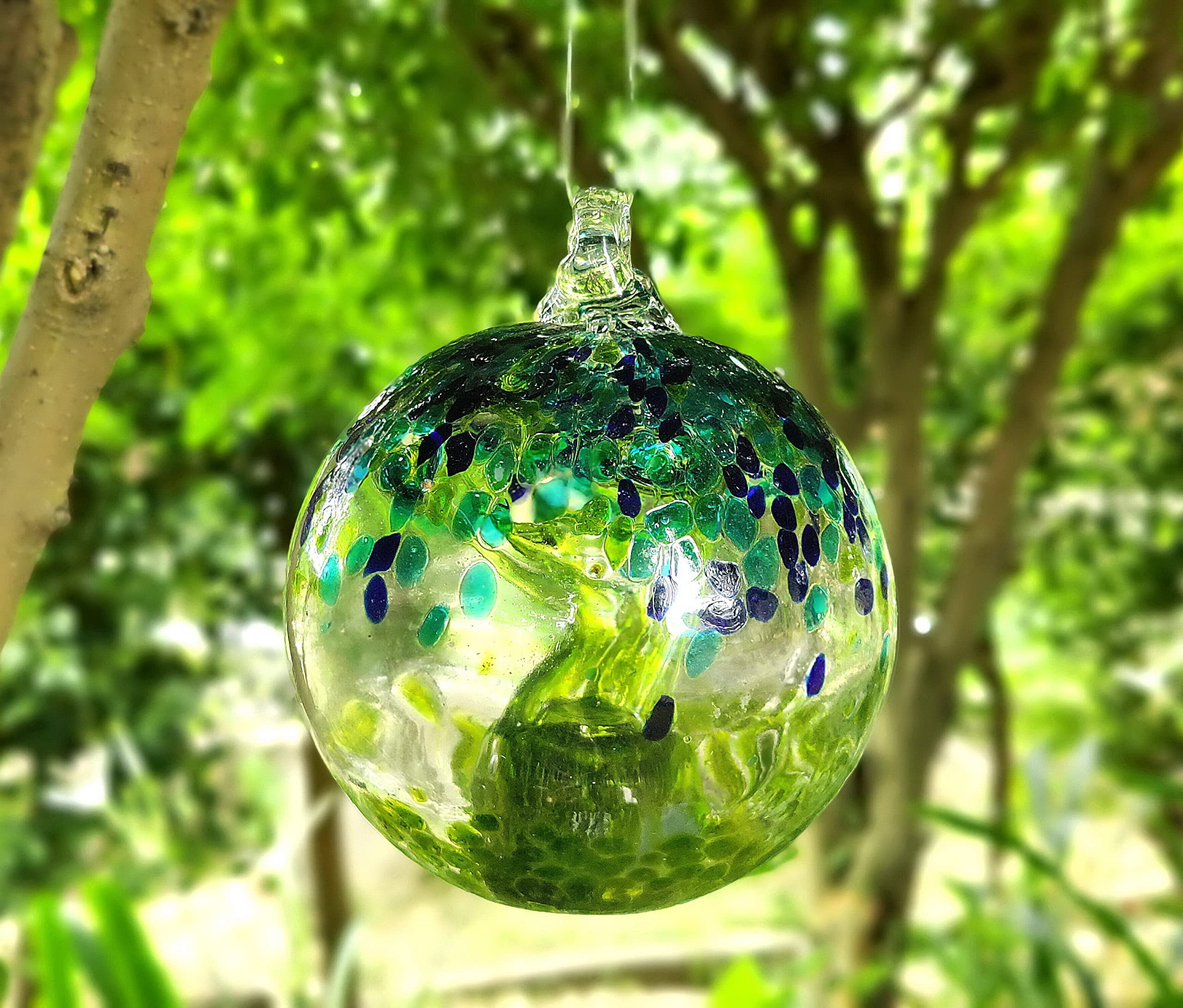 5.5-Inch Solar Powered Hanging Glass Gazing Ball - Outdoor Garden Decor in Green, Aqua & Blue - Perfect for Patio, Yard & Landscape Decoration at Night
