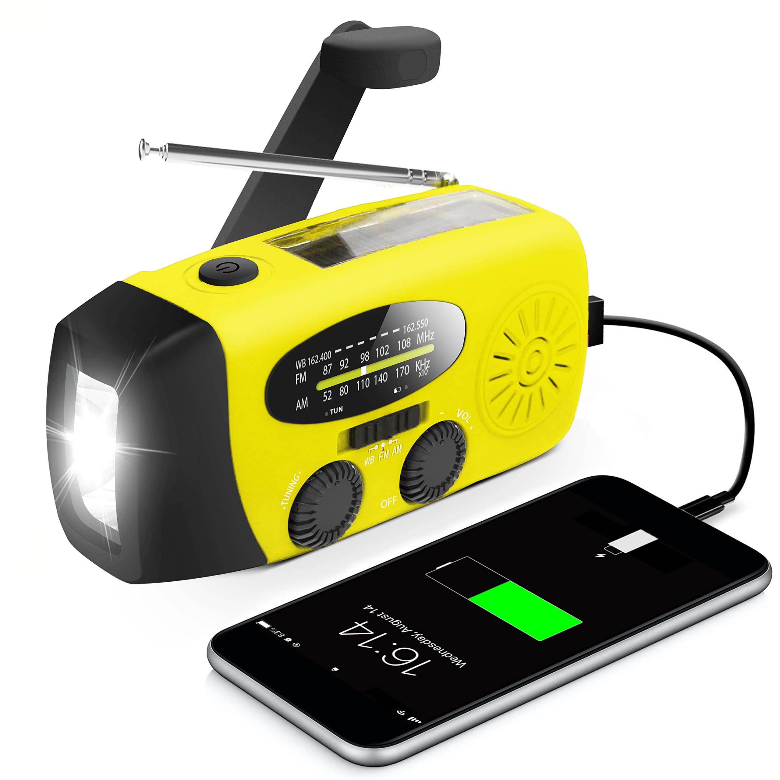 Emergency Hand Crank AM/FM Weather Radio with LED Flashlight, 2000mAh Power Bank & Solar Charger - Portable Survival Gear for Camping, Hiking, Storms and Power Outages (Yellow)