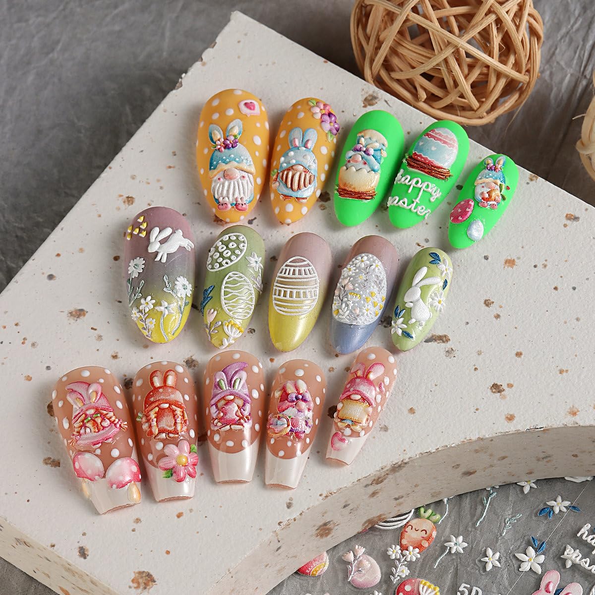 5D Easter Nail Art Stickers - Embossed Bunny & Egg Nail Decals - Self-Adhesive Spring Flower Nail Designs - Cartoon Rabbit & Carrot Nail Stickers Set for Easter DIY Manicure, Party Nail Art, Spring Festival Decorations