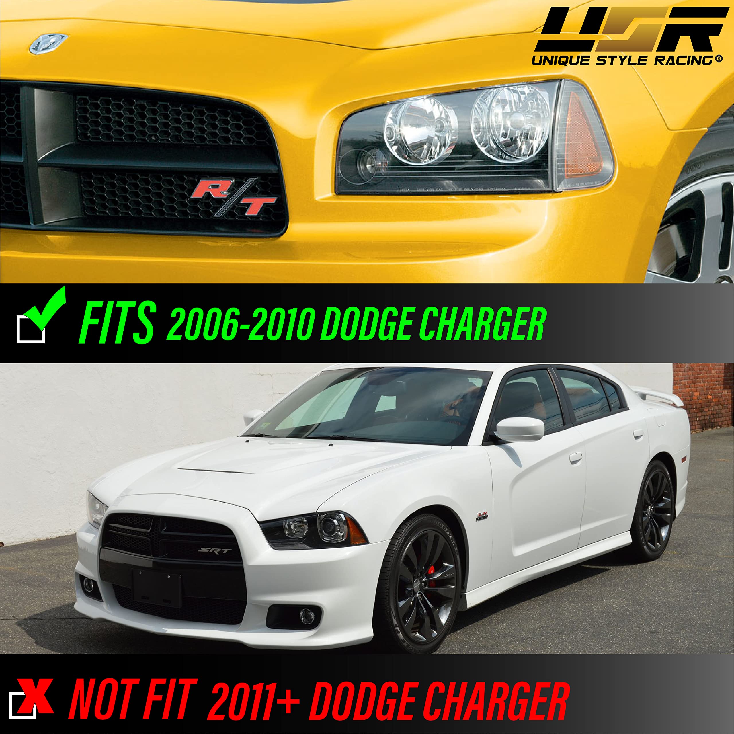 USR DEPO Black/Smoke Turn Signal Lights - Front Corner Lamps Pair (Left & Right) Compatible with 2006-2010 Dodge Charger Sedan | Smoked Lens Design | Easy Installation | Enhanced Visibility & Style for Night Driving & Custom Car Mods