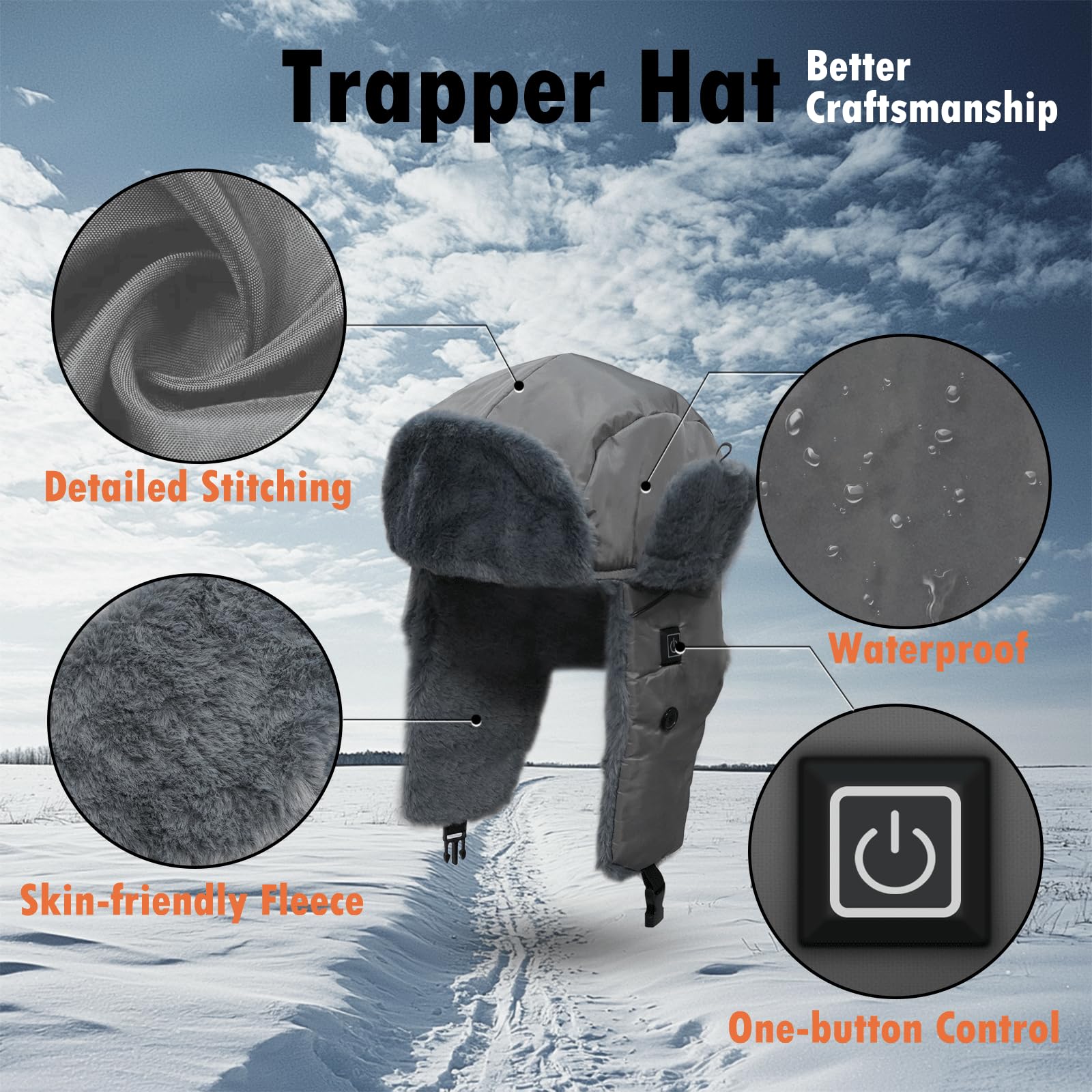 Heated Trapper Hat with 7.4V Rechargeable Battery - Warm Winter Hunting Hat for Men & Women - Faux Fur Lined Outdoor Hat for Skiing, Snowboarding & Cold Weather Activities