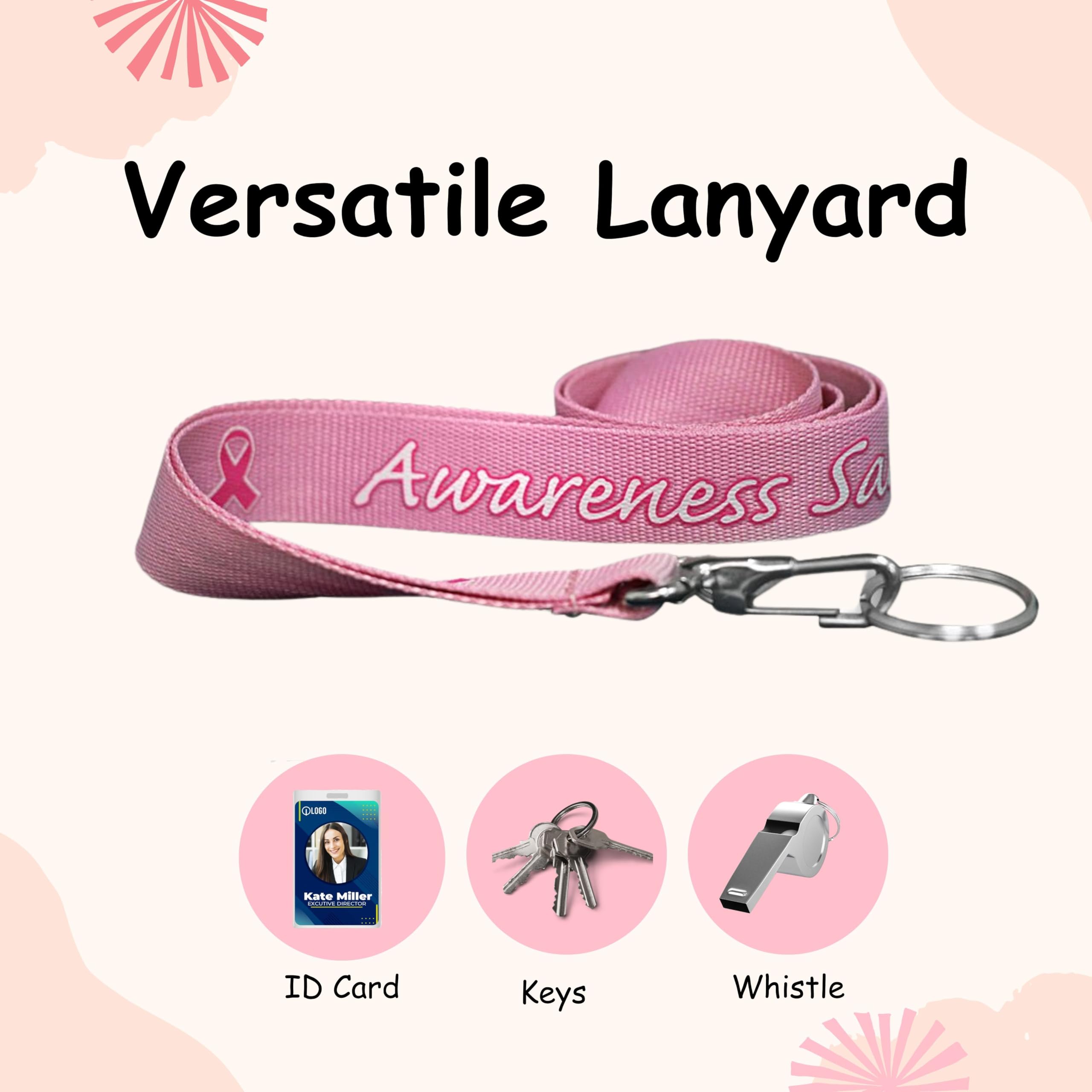 Pink Ribbon Lanyards for Breast Cancer Awareness - Badge & Keychain Holder for Fundraising Events