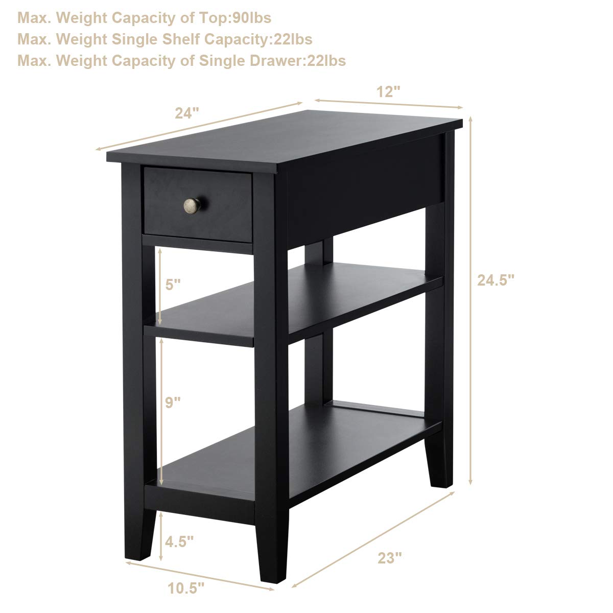 KOTEK 3-Tier Narrow End Table with Drawer & Open Shelf - Slim Nightstand for Bedroom, Living Room & Office - Modern Side Table with Storage (Black) - Perfect for Small Spaces, Apartments & Dorm Rooms