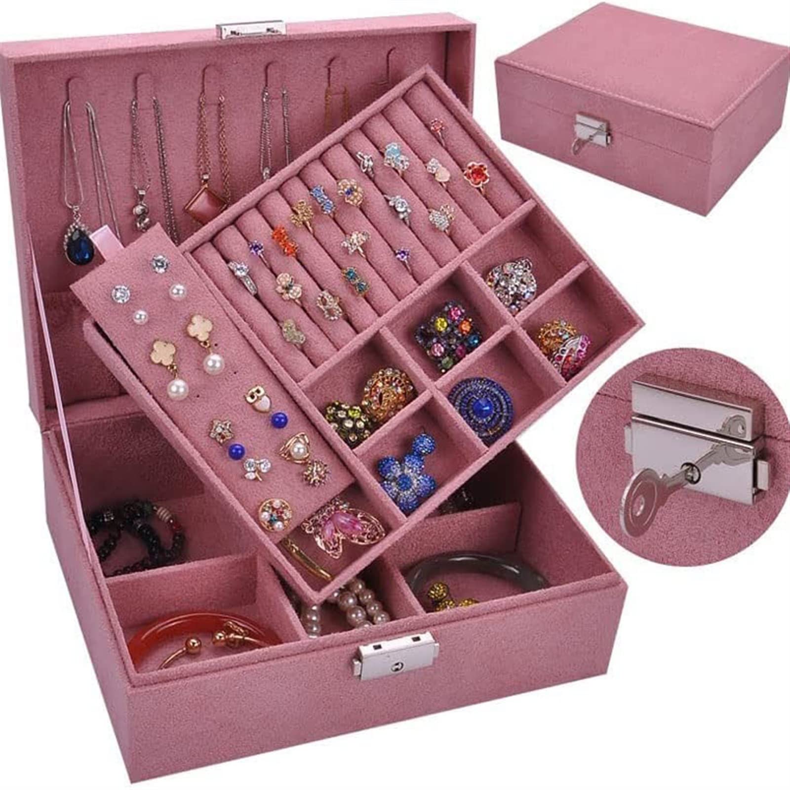 Pink Flannel Double-Layer Jewelry Organizer Box for Bracelets, Necklaces, Rings & Earrings - Perfect for Travel, Home Storage & Gift Giving