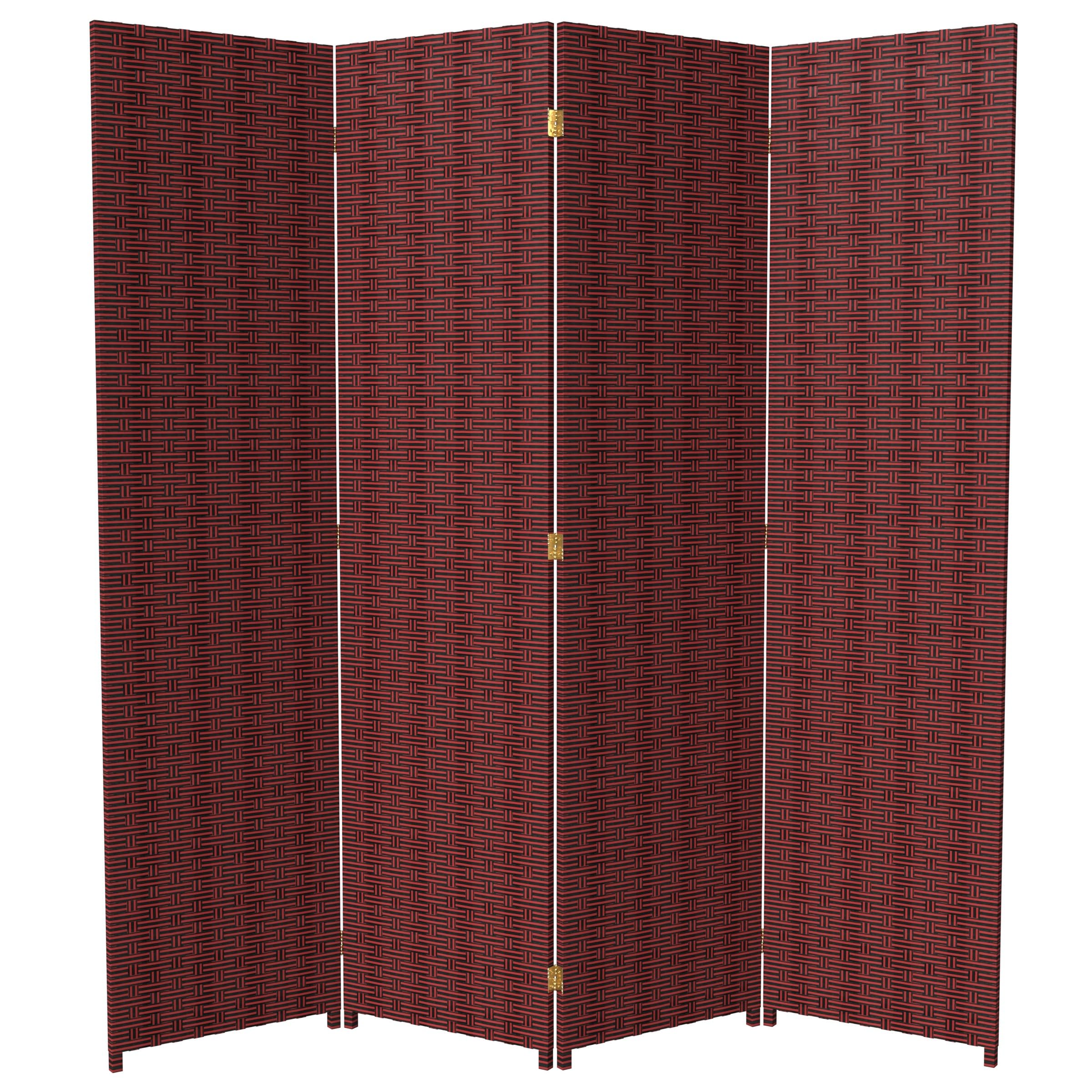 6 ft Tall Red and Black Woven Fiber Room Divider - 4 Panel Folding Privacy Screen for Home, Office, or Outdoor Use