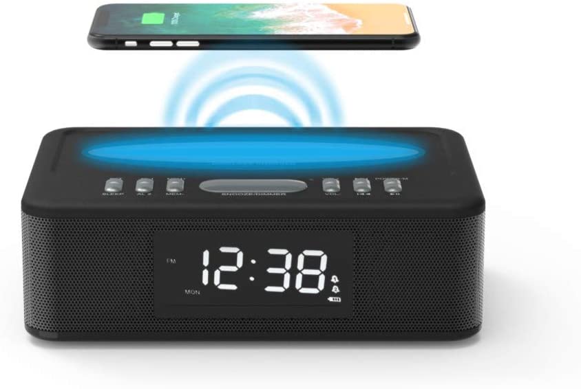 Kaito KA718 Voyager Home Bedside Alarm Clock Radio with Bluetooth Speaker & Wireless Charging - Perfect for Bedroom, Office, and Travel Use - Black