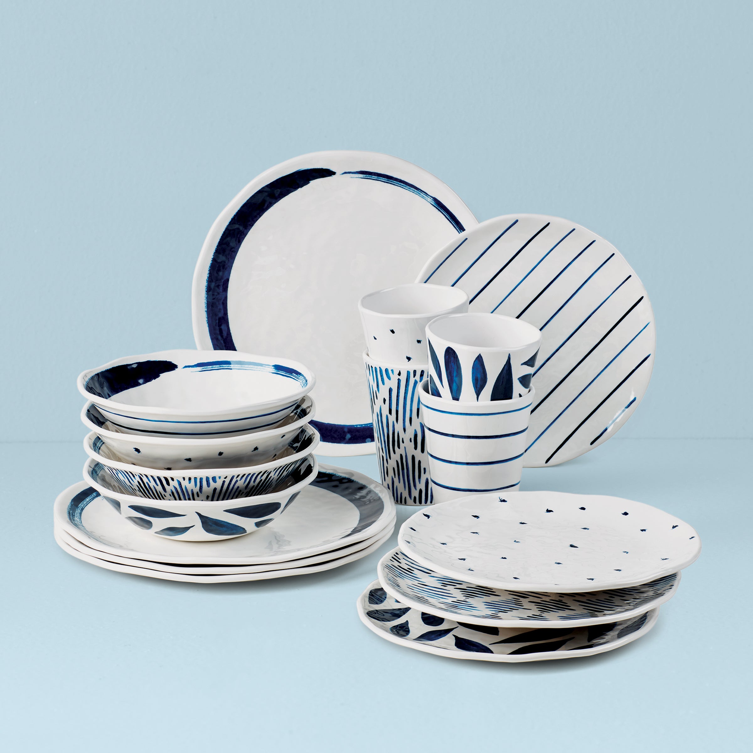 Blue Bay Melamine 16-Piece Dinnerware Set - Durable & Lightweight Dish Set for Outdoor Dining, Picnics, Camping, and Everyday Use
