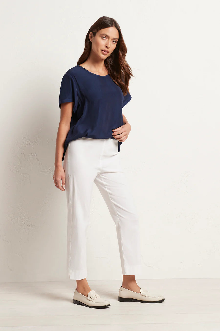 French Navy Cropped Pants for Women - High Waisted Slim Fit Ankle Pants for Work, Office & Casual Wear