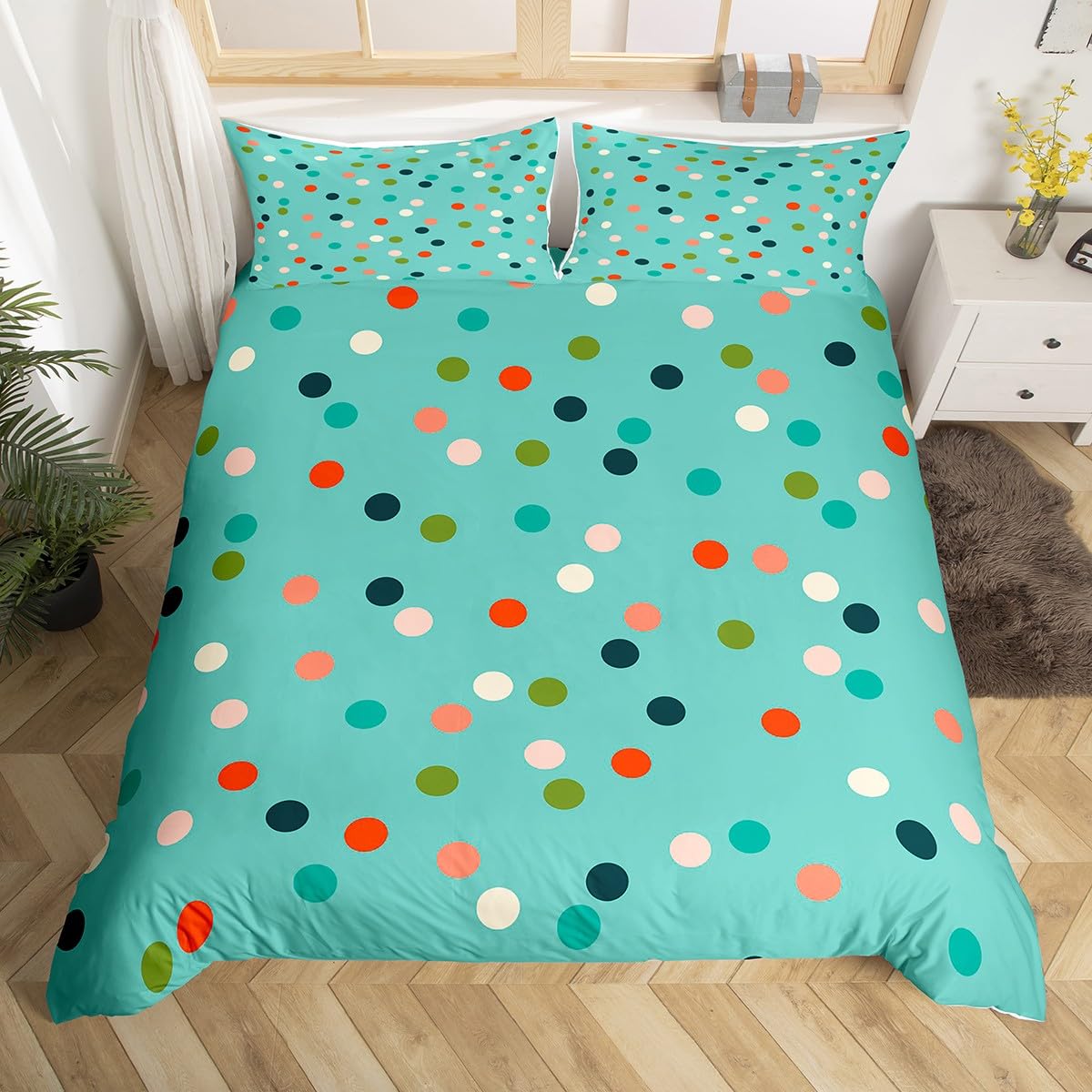 Erosebridal Kids Rainbow Dots Duvet Cover Set - Twin Size Soft Breathable Watercolor Comforter Cover for Boys & Girls Bedroom Decor - Perfect for Kids' Rooms, Dormitories & Playrooms (Green)